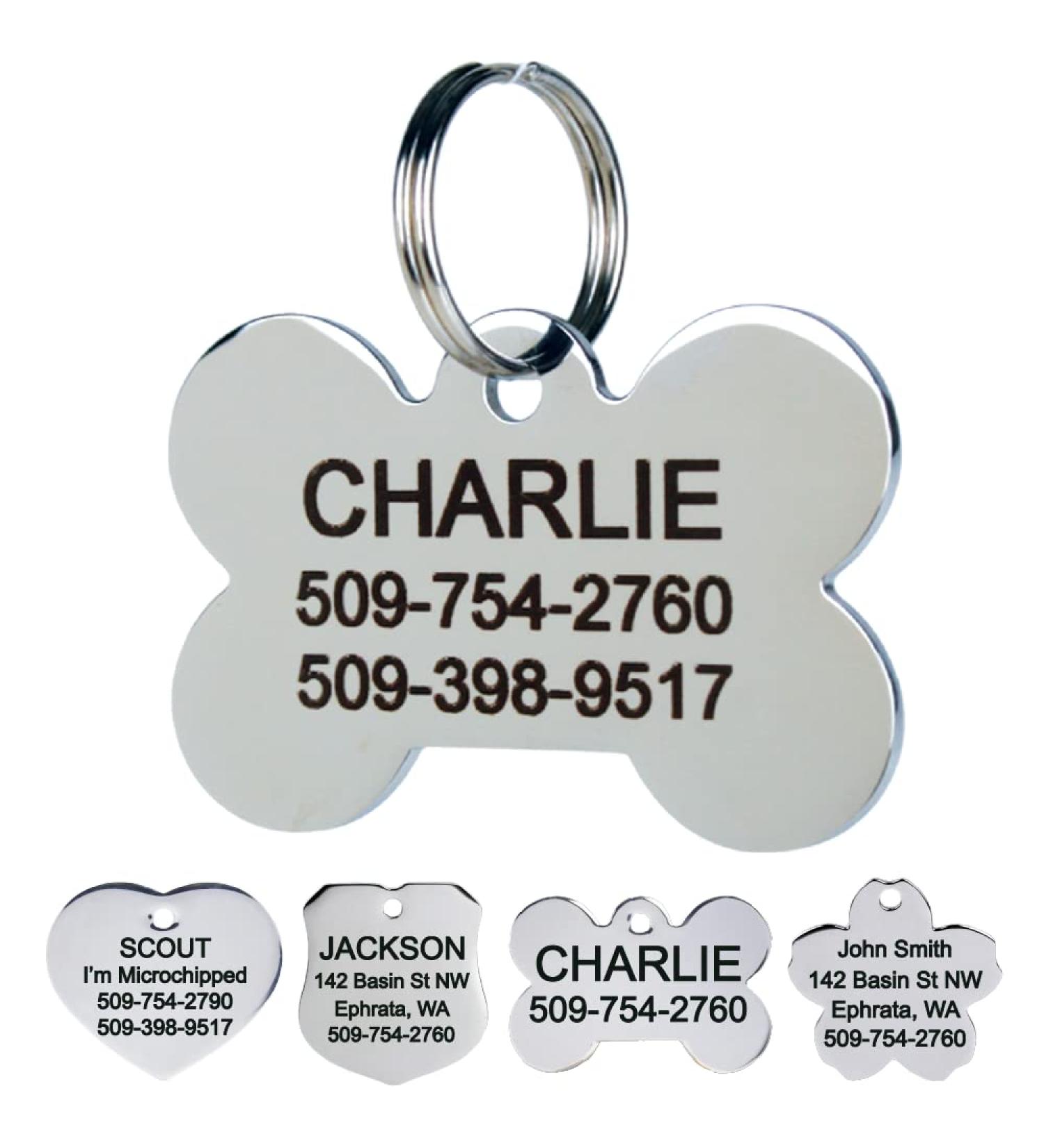 Personalized Stainless Steel Pet ID Tag for Dogs and Cats - Front and Back Engraving - Bone, Round, Heart, Bow Tie Shapes - Small and Large Sizes (1 Pack) - Buy Online on GoSupps.com