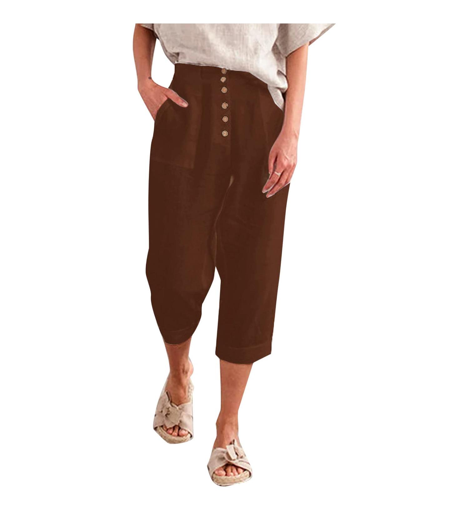 Gufesf Women's Plus Size Linen Capris Pants Coffee - Small | Wide Leg Summer Crop Pants with Pockets - Buy Online on GoSupps.com