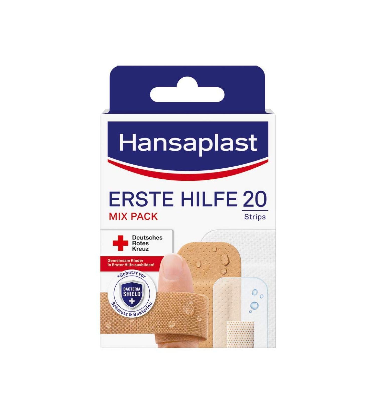 Hansaplast First Aid Plaster Mix - 20 Strips with Bacteria Shield | Ideal for On-the-Go Wound Care - Buy Online on GoSupps.com