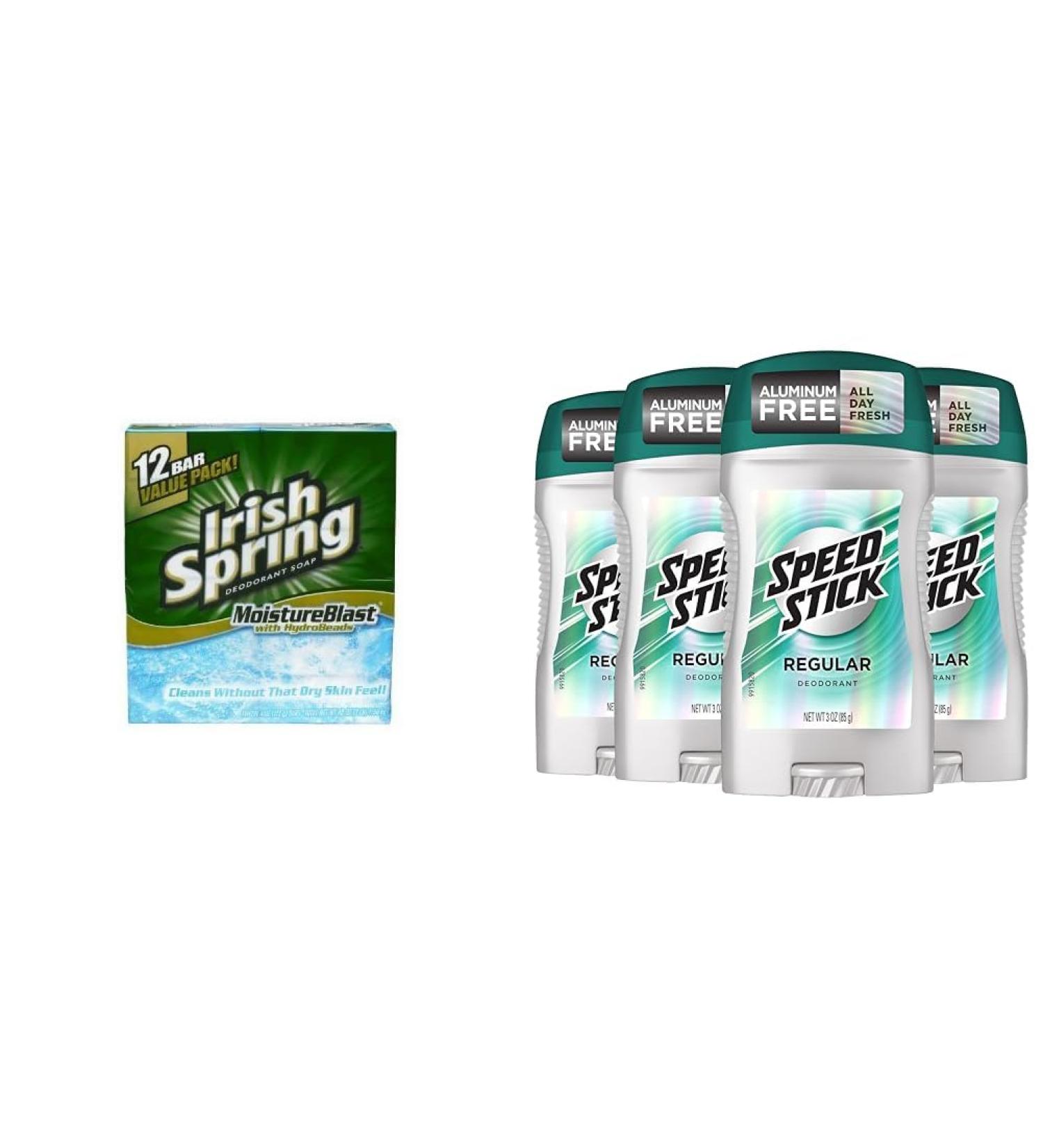 Irish Spring Moisture Blast Deodorant Bar Soap for Men Feel Fresh All Day 3.7 oz 12 Pack & Speed Stick Men's Deodorant Regular 3 Ounce 4 Pack - Buy Online on GoSupps.com