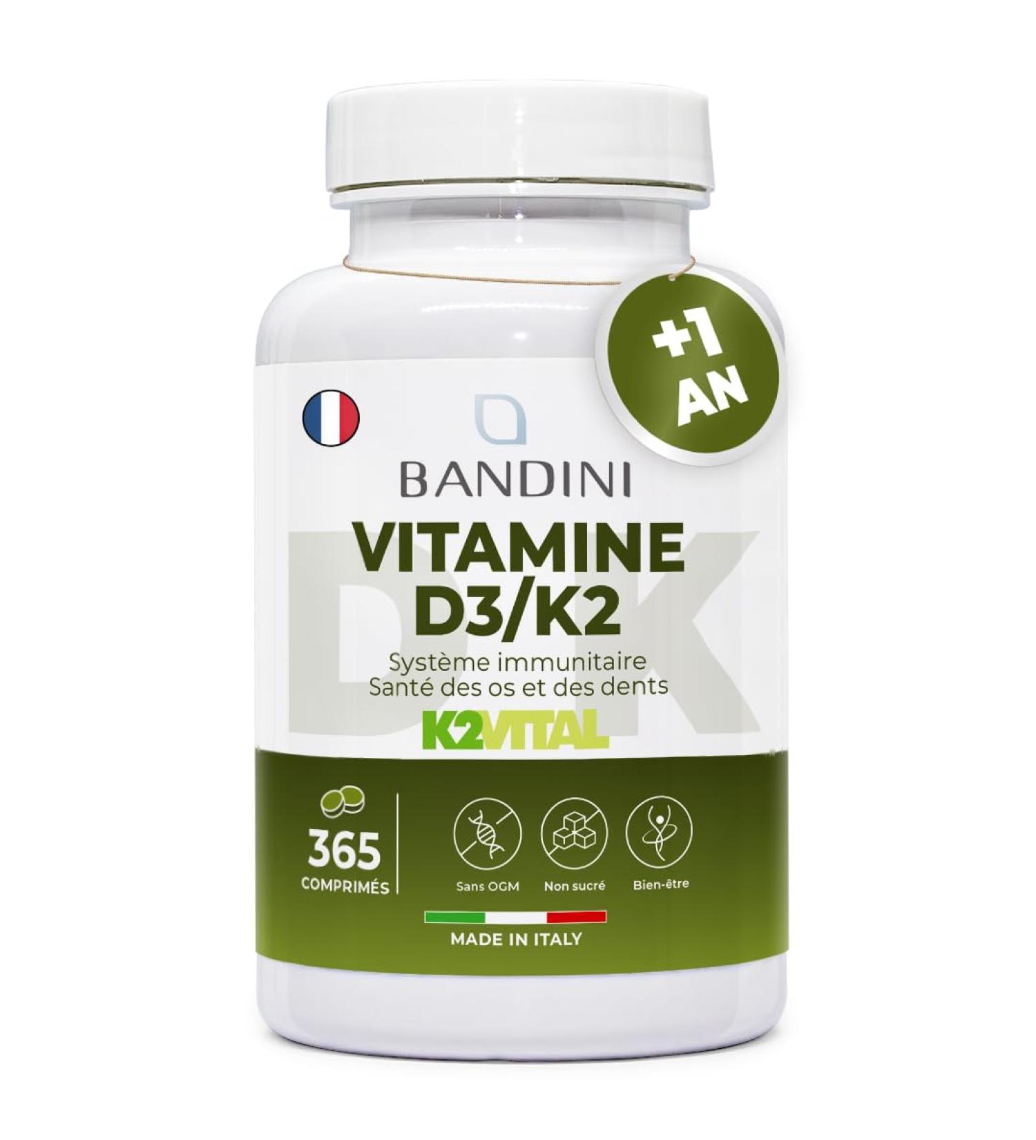 Bandini Vitamin D3 K2 (MK7) Extra Strong 365 Tablets (1 Year) | 2000 IU Cholecalciferol + 200 mcg Menaquinone | For Bones Muscles Immune System Teeth | Vitamins D3 + K2 MK-7 - Buy Online on GoSupps.com