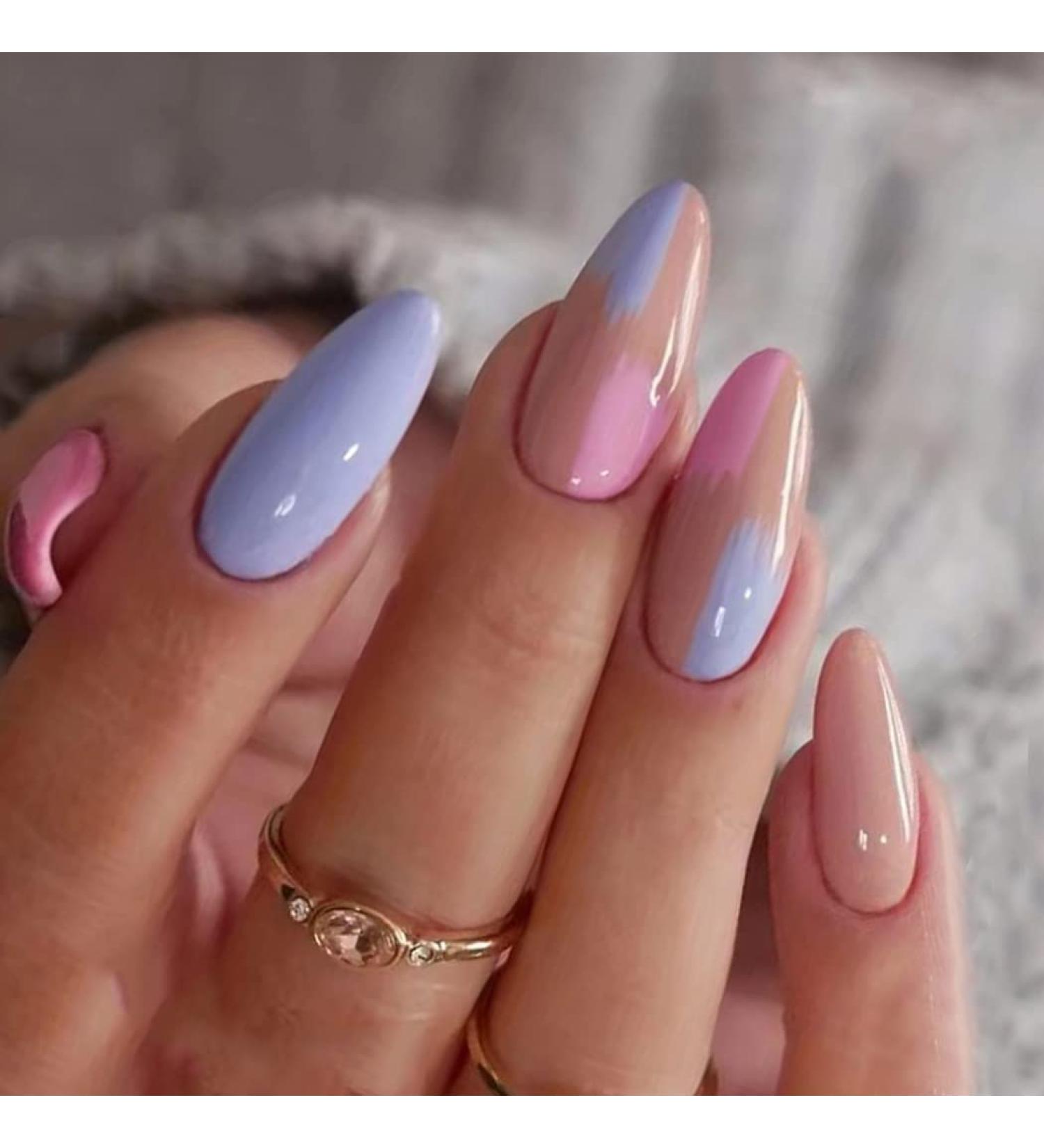 Sethexy Abstract Almond Shape French Press On Nails - 24 St Blue Pink Acrylic Swirl Fingernails for Women & Girls - Buy Online on GoSupps.com