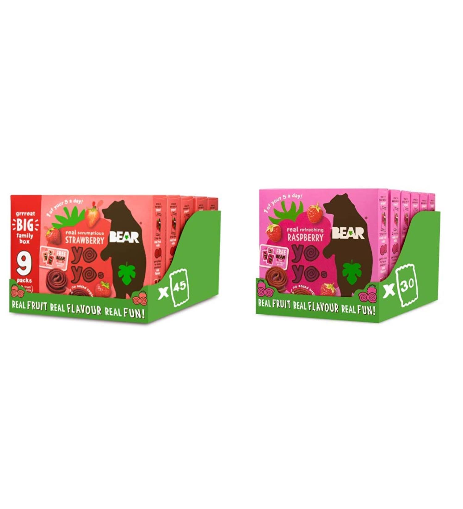 BEAR Strawberry Yoyos - Dried Fruit Rolls - Healthy Kids Snack - Vegan - 20g (45 packs) & Raspberry Yoyos - Dried Fruit Rolls - Healthy Kids Snack - Vegan - 20g (30 packs) - Buy Online on GoSupps.com