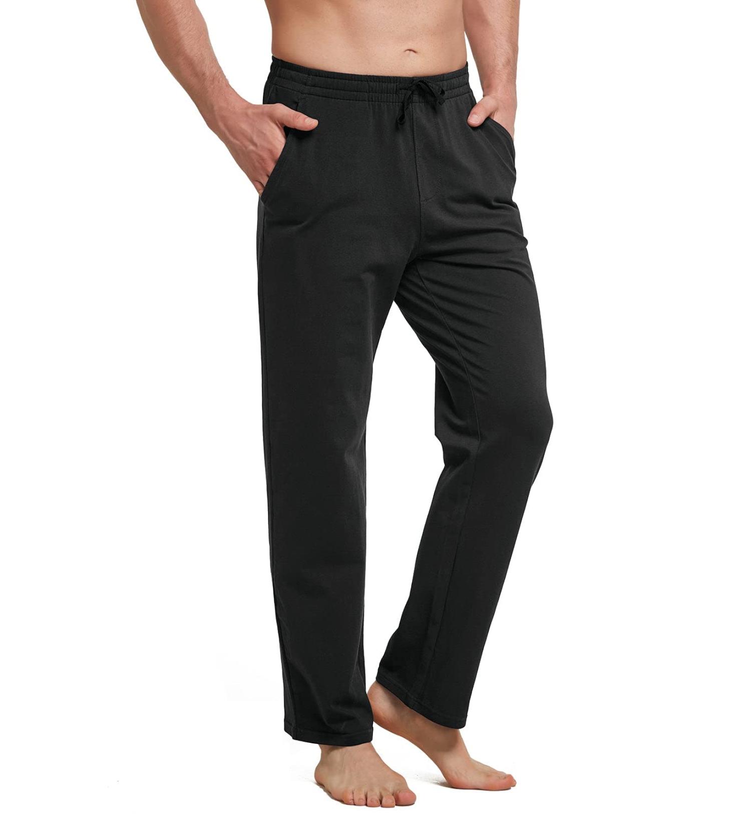 Baleaf Men's Cotton Leisure Jogging Pants | Straight Leg Sports & Yoga Pants | Black Long Training Pants with Pockets - Buy Online on GoSupps.com