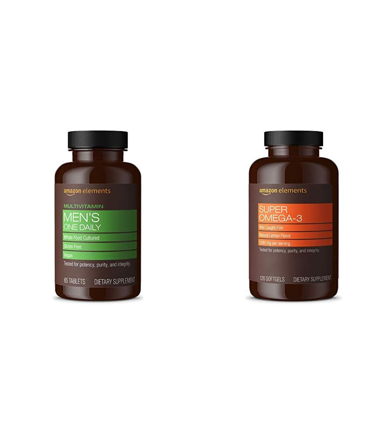 Amazon Elements Men's One Daily Multivitamin - Vegan, Whole Food Cultured, 65 Tablets - 2 Month Supply | Super Omega-3 Natural Lemon Flavor - 1280 mg per Serving, 120 Softgels - Buy Online on GoSupps.com