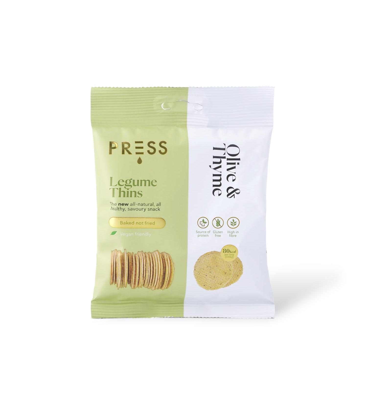 Press Healthfoods Legume Thins 9 x 20g Olive & Thyme Vegetable Crisps - Vegan, Gluten-Free, High Protein Snack - Buy Online on GoSupps.com