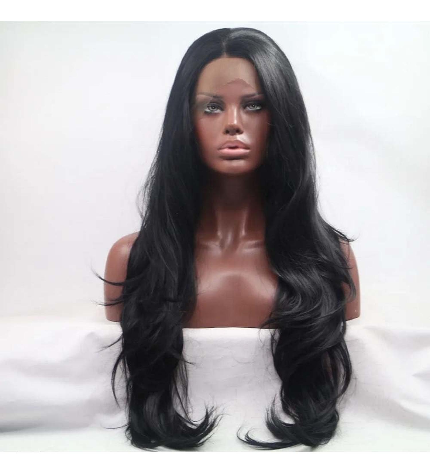 Sylvia 1B# Natural Black Long Wavy Synthetic Lace Front Wig | Heat-Resistant Fiber for Black Women - Shop Internationally - Buy Online on GoSupps.com