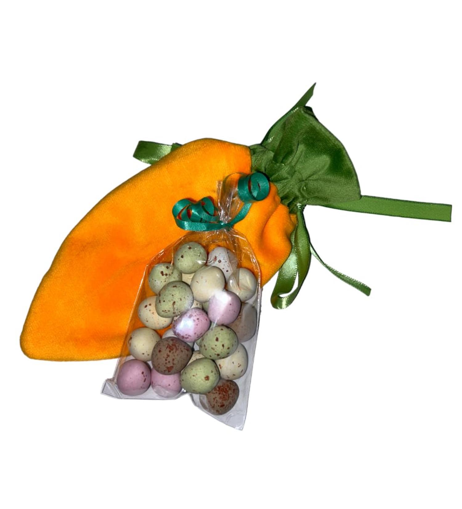 Velvet Carrot Drawstring bag with Choice of Easter Chocolates or sweets - Buy Online on GoSupps.com