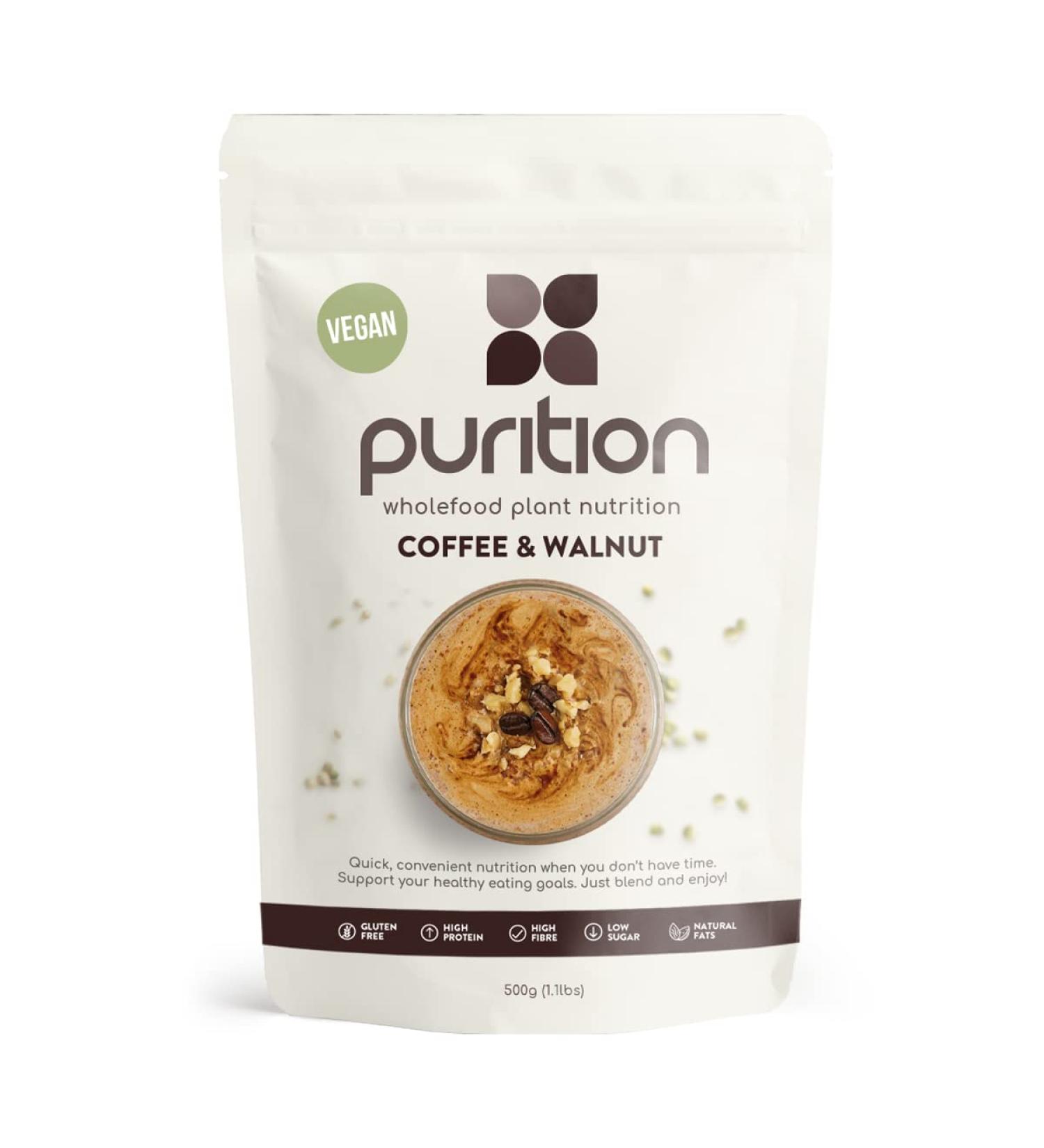 Purition Vegan Coffee & Walnut 500g | Gluten-Free High Protein Shake for Healthy Weight Management - Buy Online on GoSupps.com