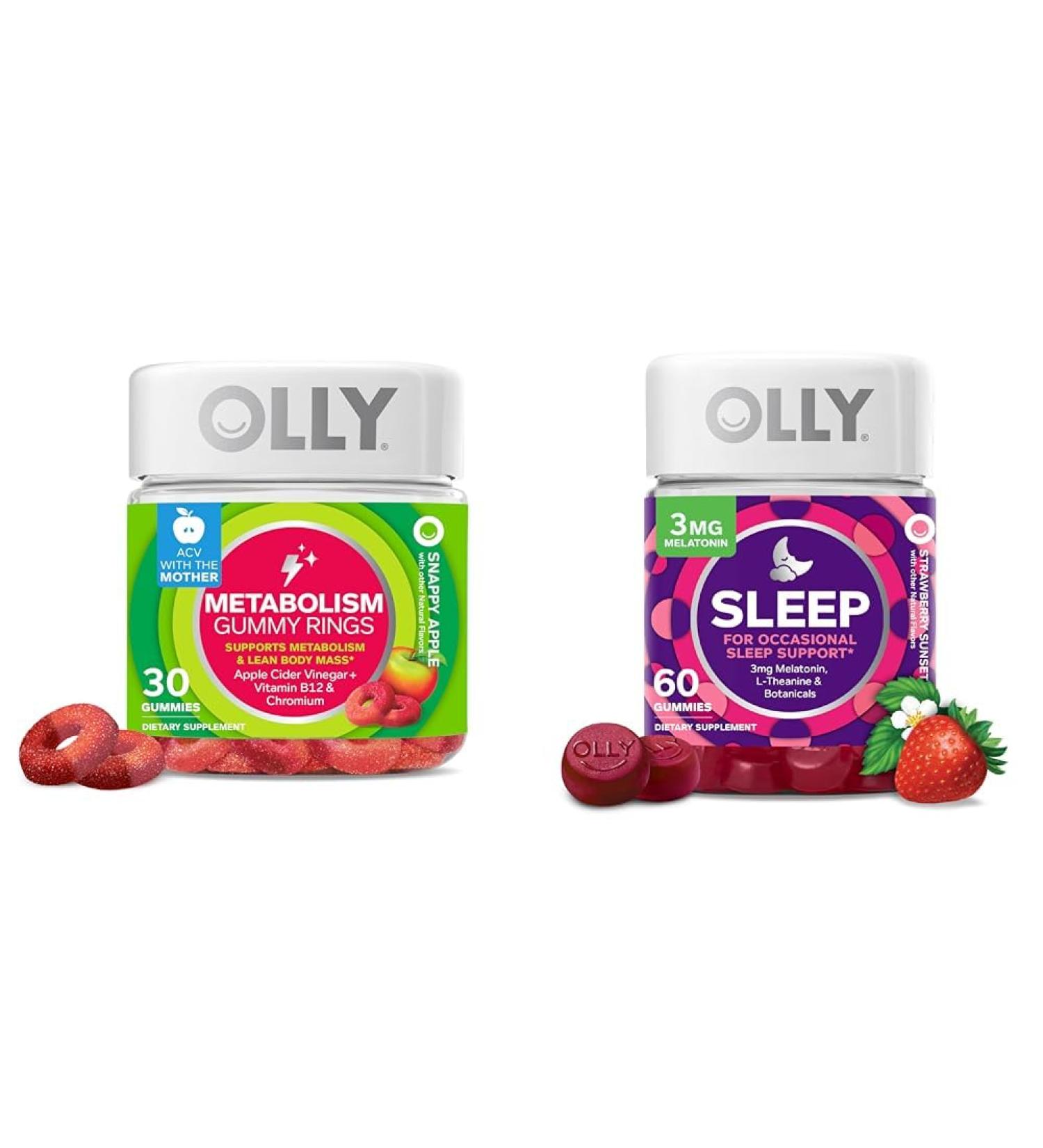 OLLY Metabolism & Sleep Gummy Rings and Strawberry Gummies Bundle - 30 & 60 Count