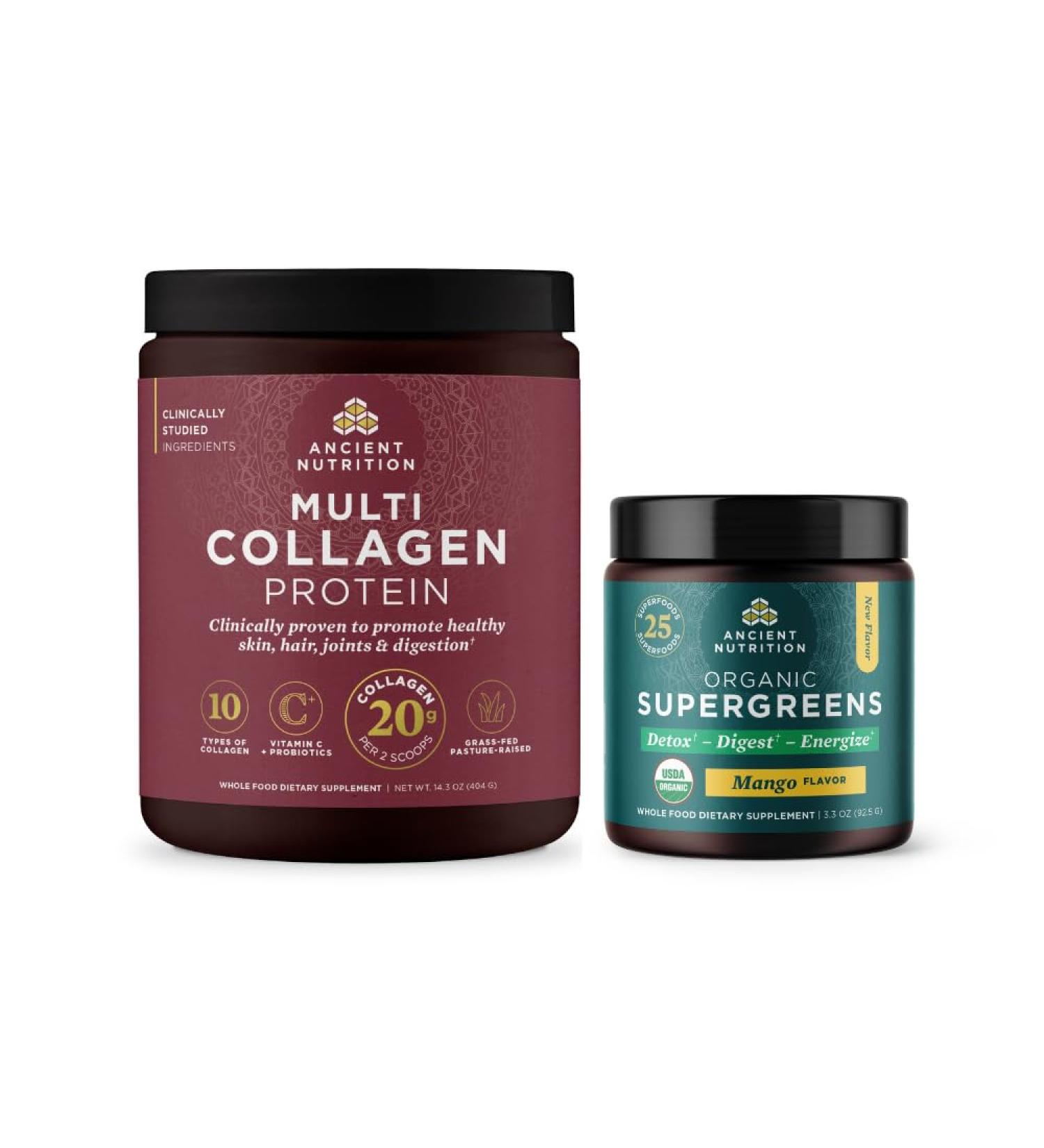 Ancient Nutrition Multi Collagen Protein Powder Unflavored 40 Servings + Organic Supergreens Powder Mango 12 Servings - Buy Online on GoSupps.com
