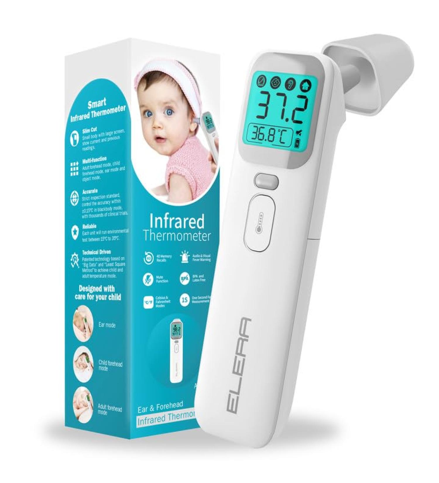 Elera Contactless Ear Fever Thermometer | 4 Measurement Modes | Baby Thermometer with 1-Second Read & 40 Memory Functions - Fast & Accurate - Buy Online on GoSupps.com