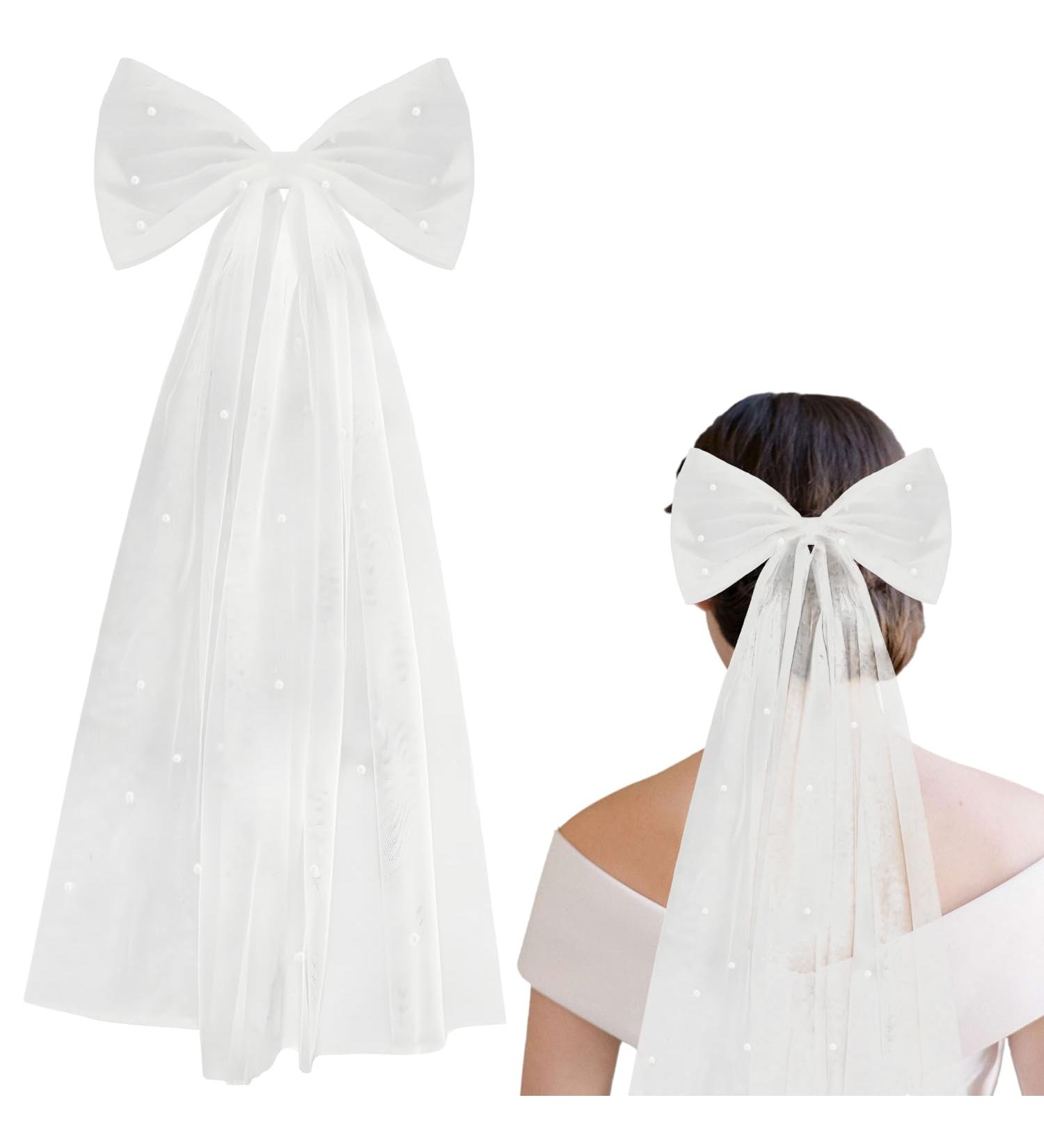 Bridal Veil Hair Clip Large Bow Brides Pearl Hair Clips White Tulle Hair Clip Bachelorette Party Short Veils for Bridesmaid Bridal Hair Accessories Prom Wedding Party Decorations - Buy Online on GoSupps.com