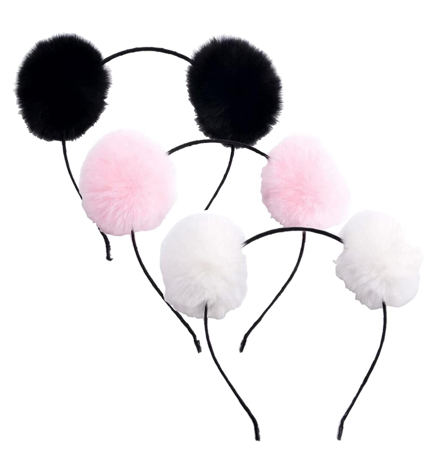 UPSTORE 3PCS Fluffy Pom Ball Headbands with Panda Ears Hair Accessories for Party Costume - Black, White, Pink - Buy Online on GoSupps.com