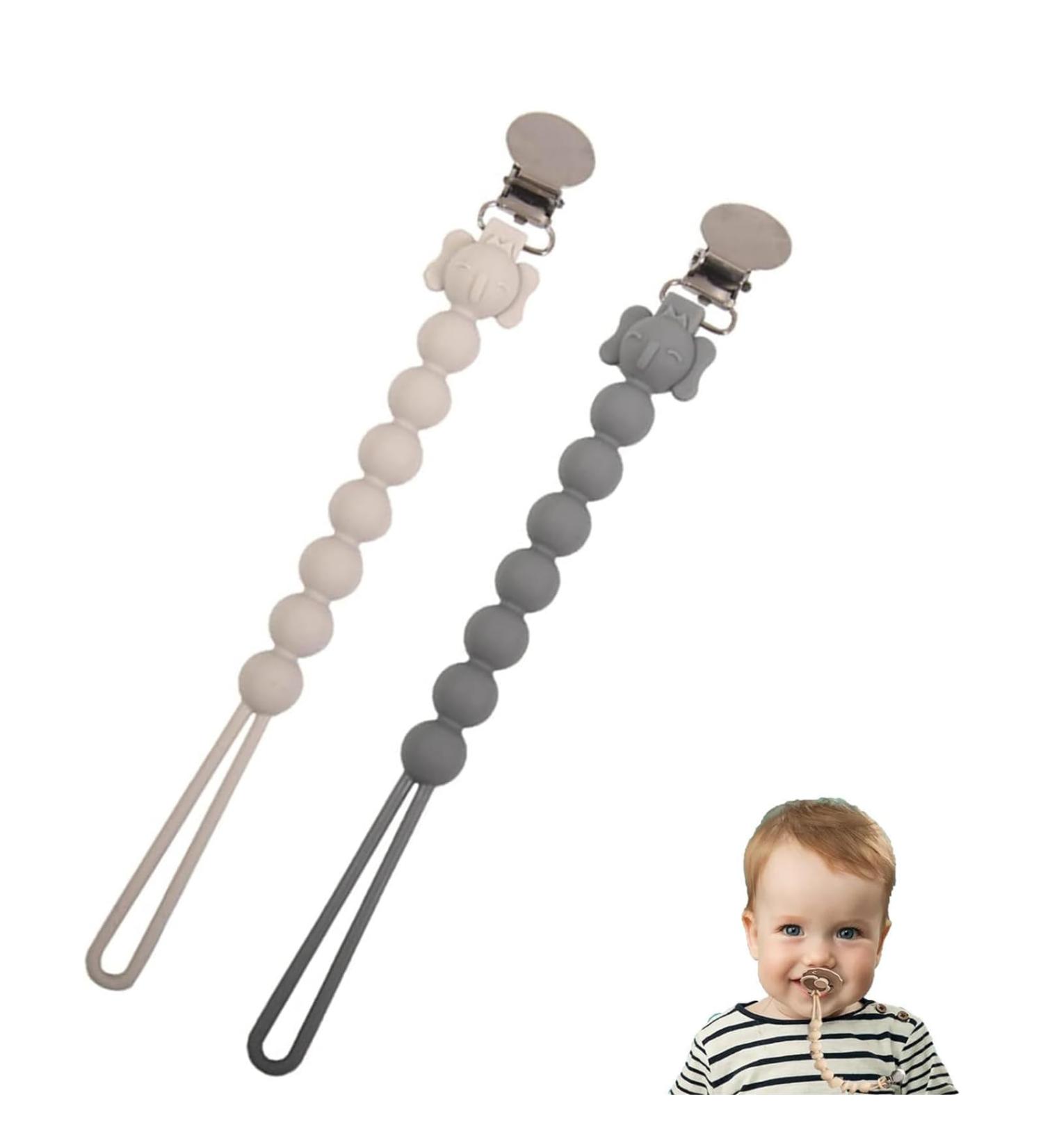 Silicone Pacifier Clip Set for Boys & Girls | 2-Pack Beige & Gray | Compatible with Most Pacifiers & Bite Toys - Buy Online on GoSupps.com
