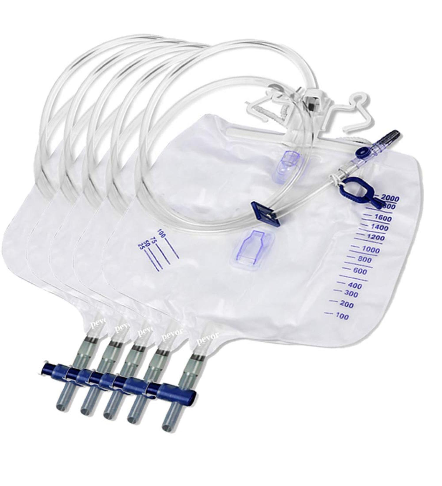 Pevor Urinary Drainage Bag 2000ml with Anti-Reflux Chamber - Pack of 5 | Medical Drain Bag for Urine Collection - 48 Drainage Tub | 5 Count - Buy Online on GoSupps.com