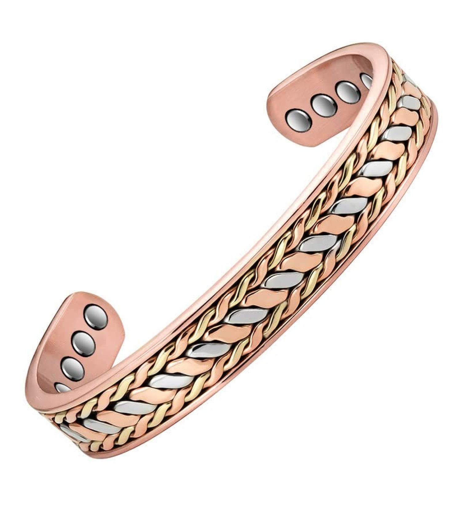 7'' Gold Magnetic Copper Bangle Bracelet for Men - Tri Tone Wave Design - Father's Day/Birthday Gift - Buy Online on GoSupps.com