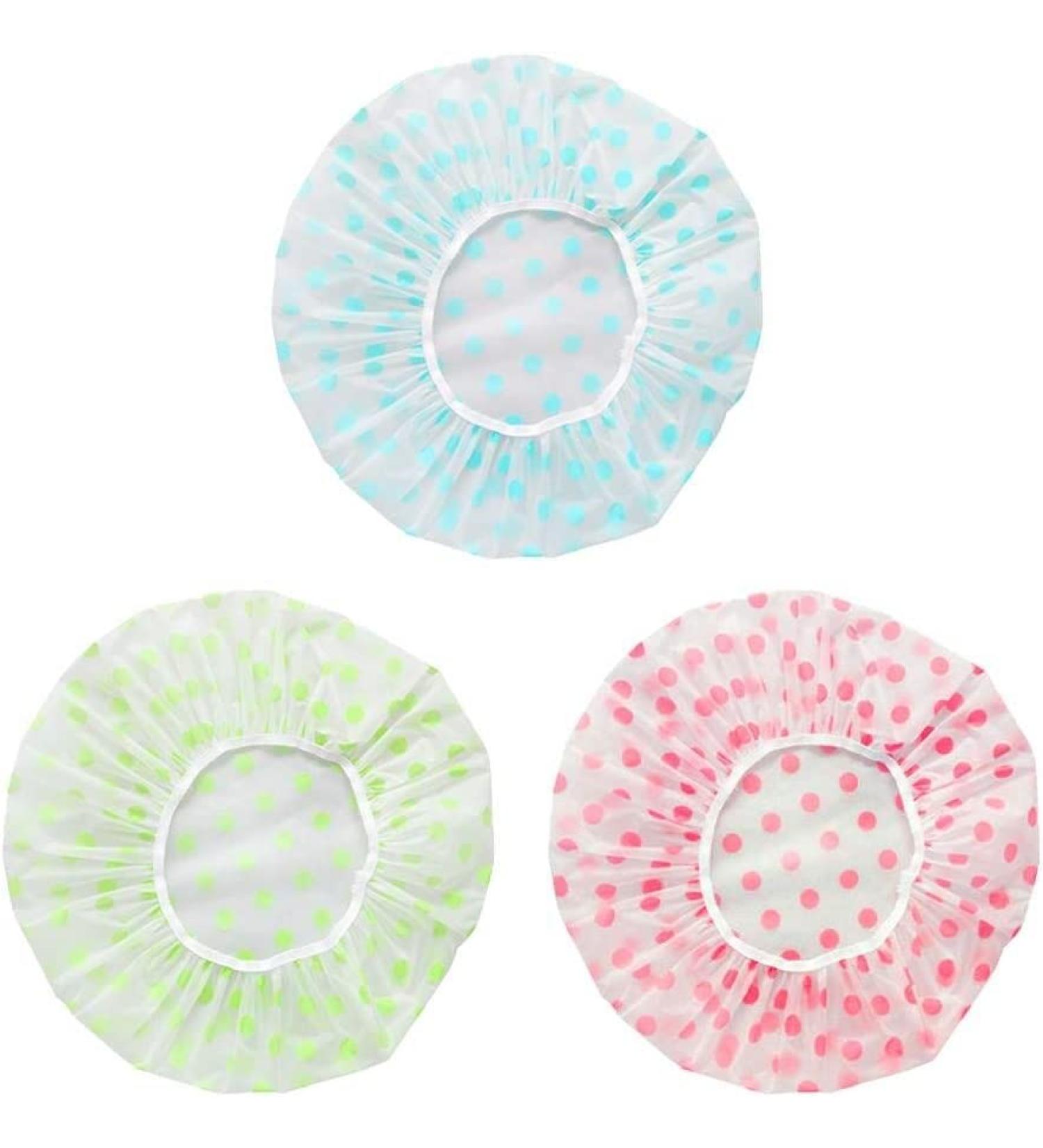 3 pcs Reusable Shower Caps with Dots - Blue Green Rose - Long Hair - Environmental Hats for Ladies, Girls, Kids - Ideal for Spa, Salon - Buy Online on GoSupps.com