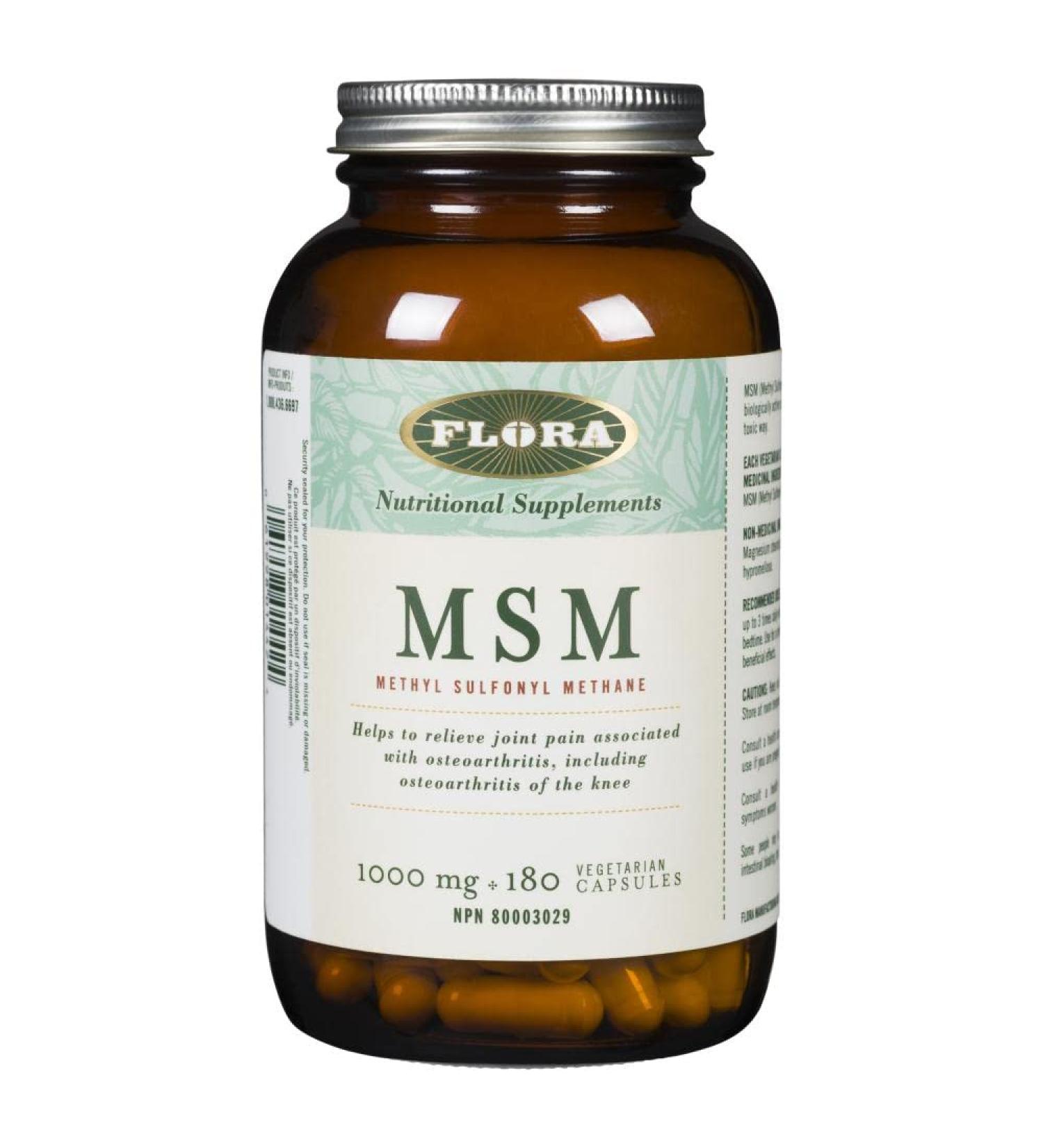 Flora Health MSM 1000 mg - Methyl Sulfonyl Methane Biologically Active Sulphur Vegan Patented and Clinically-Researched 180 Vegetarian Capsules Glass Bottle - Buy Online on GoSupps.com