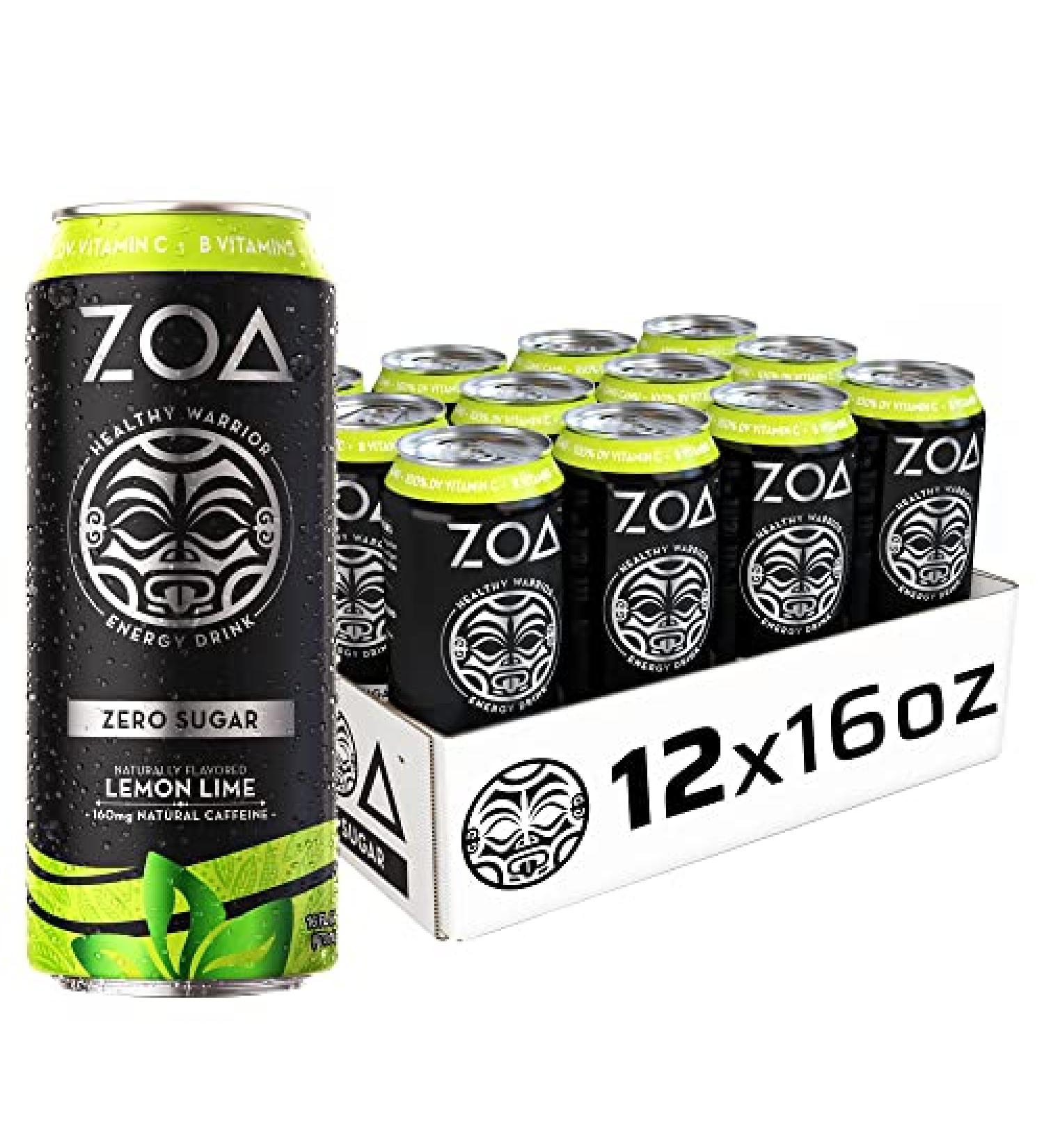 ZOA Zero Sugar Energy Drink - Lemon Lime 12 Pack | 160mg Natural Caffeine, Supports Immunity & Focus - Buy Online on GoSupps.com
