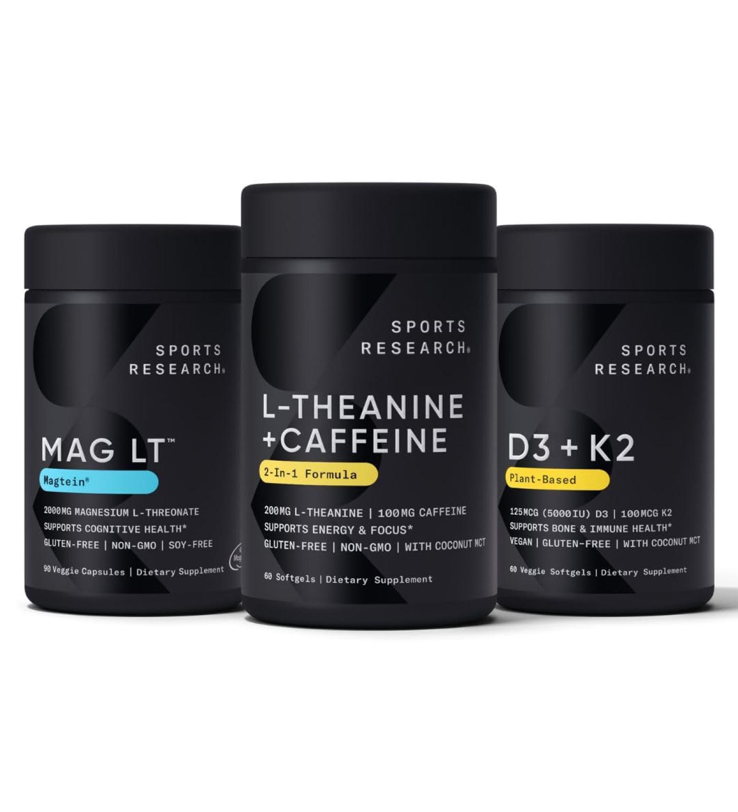Sports Research Magtein Magnesium L-Threonate Capsules (2000mg 90 Capsules) Vegan Vitamin D3 + K2 w/Organic Coconut Oil (5000iu VIT. D 100mcg Mk7 VIT. K 60 Softgels) and L-Theanine (200mg 60 ct) - Buy Online on GoSupps.com