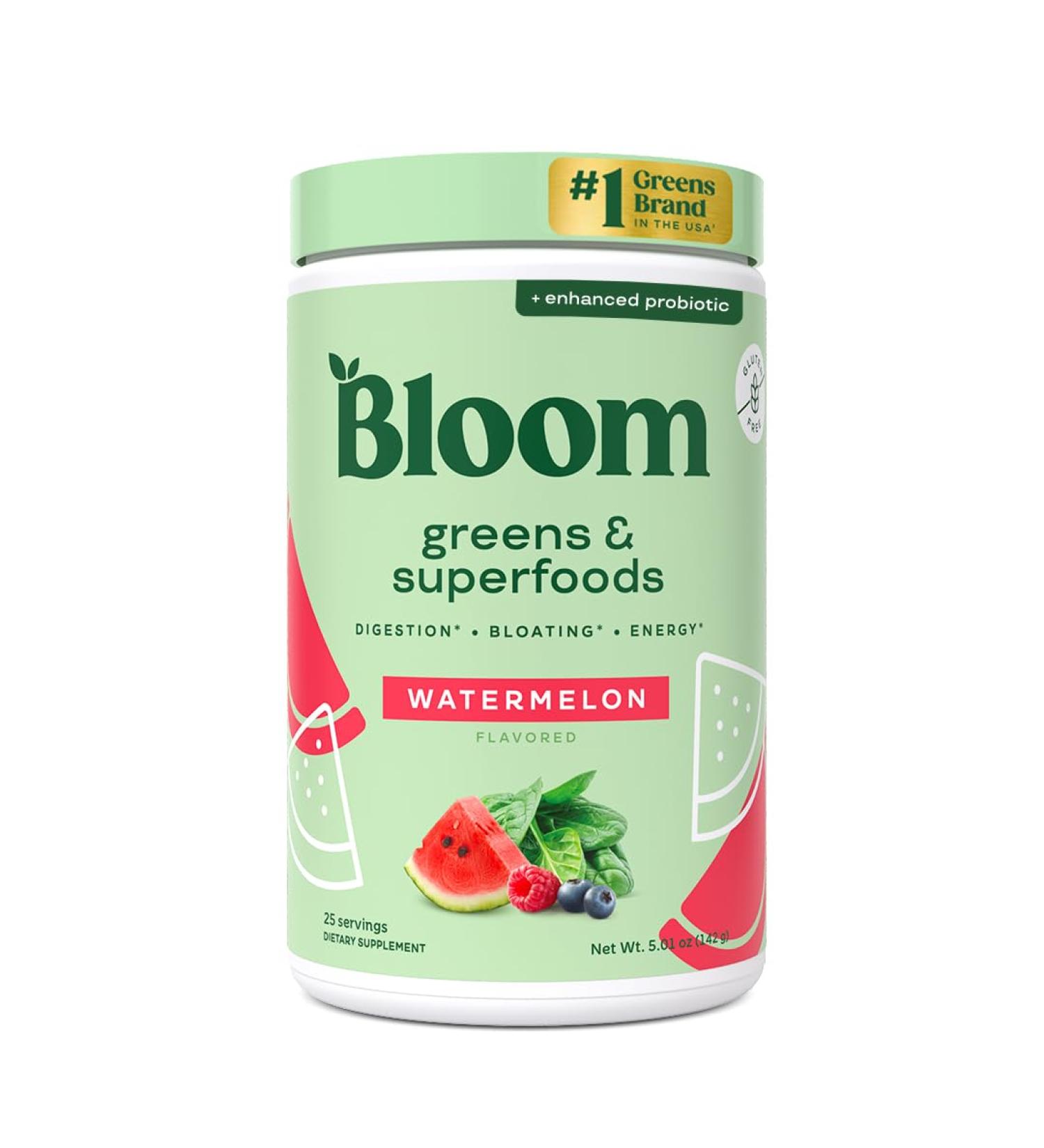 Bloom Nutrition Superfood Greens Powder Digestive Enzymes with Probiotics and Prebiotics Gut Health Bloating Relief for Women Chlorella Green Juice Mix with Beet Root Powder 25 SVG Watermelon Watermelon 25 Servings (