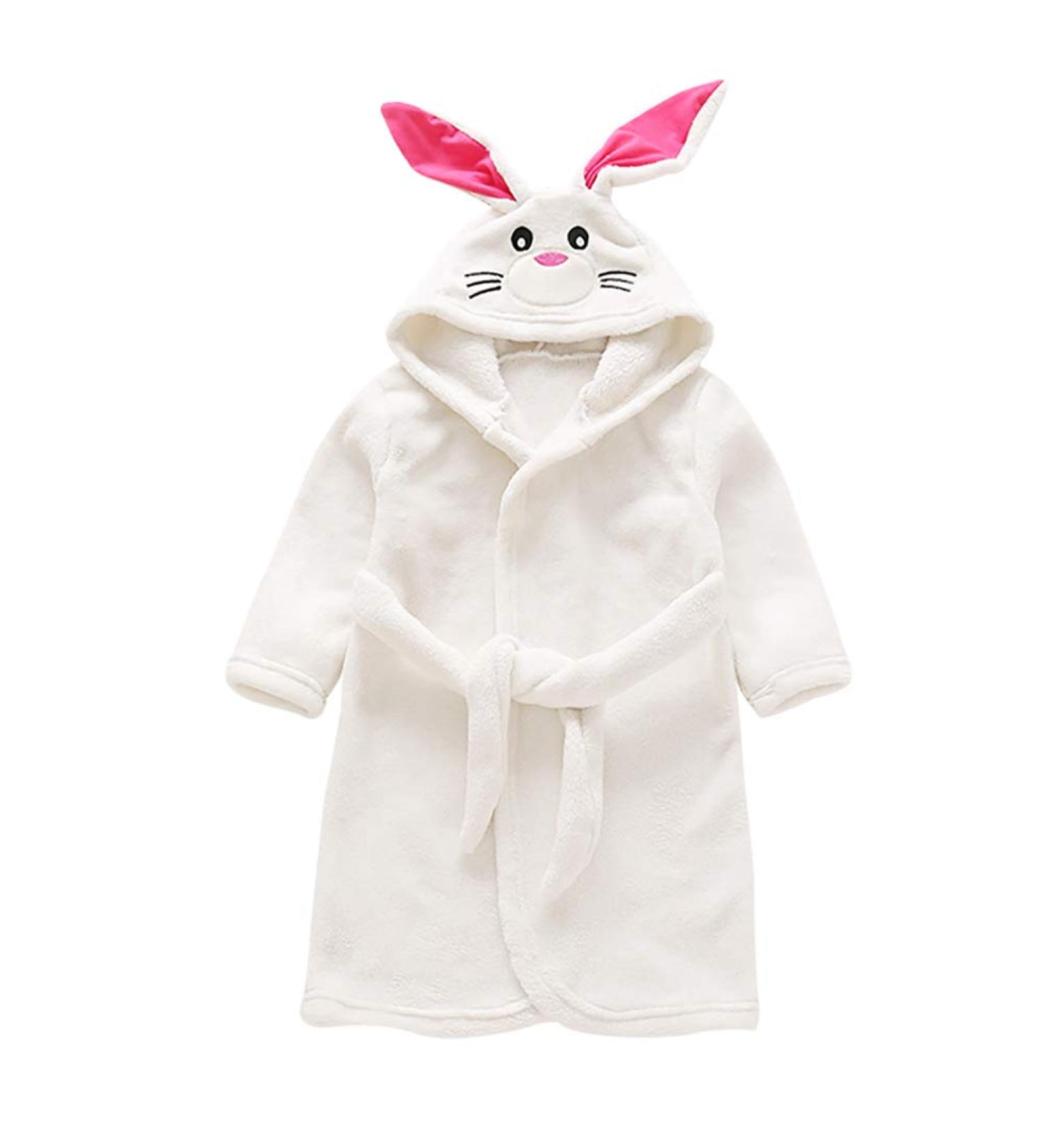 Miyanuby Baby boy girls bathrobe soft flannel long arm animal hoodie morning mantle nightwear homewear for children baby young girls gift 3-4 years rabbit white