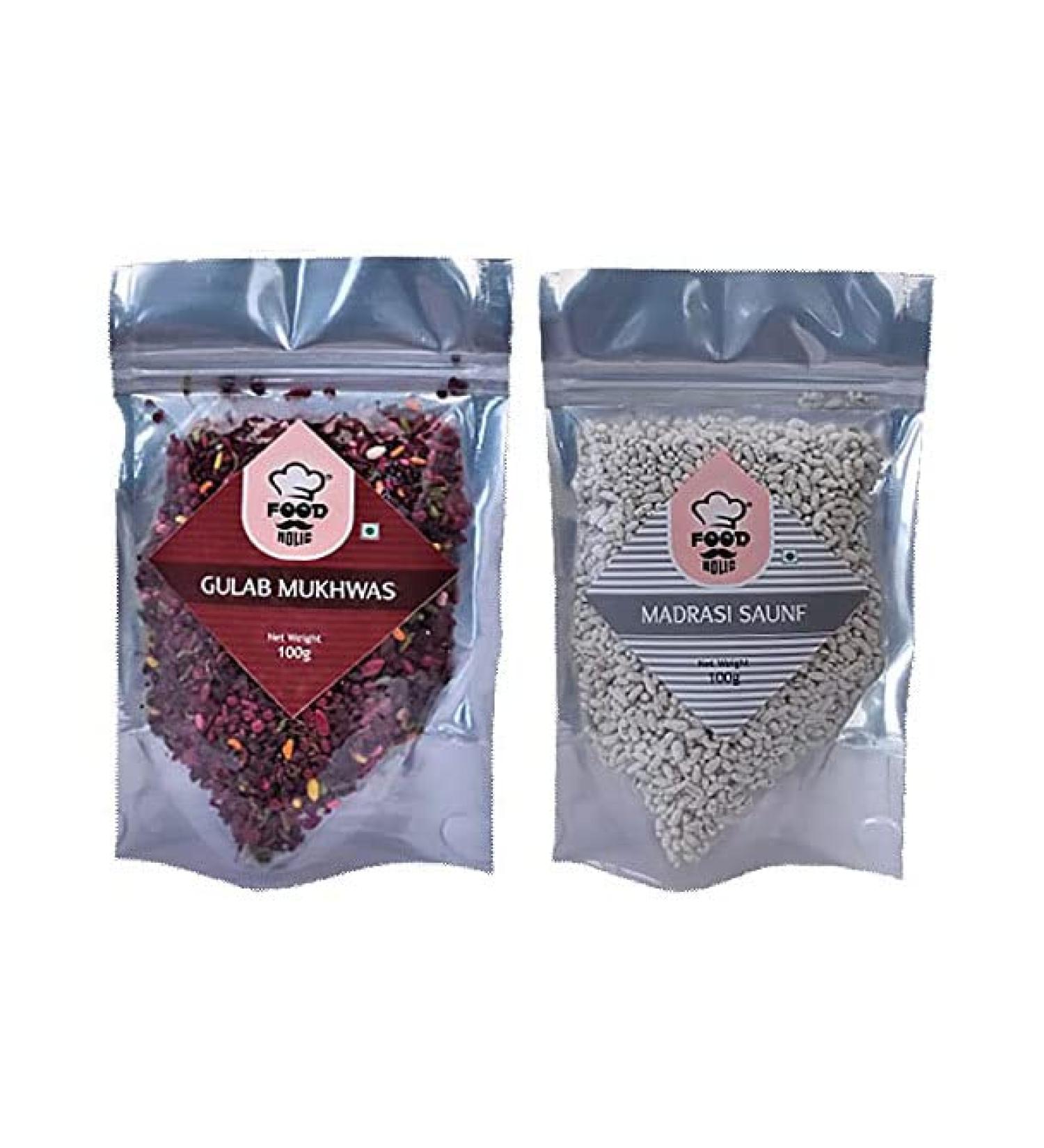 Foodholic Premium Mouth Freshener Combo Pack of 2 (100 Gm Each) (Madrasi Saunf X 1 & Gulab Mukhwas X 1)_Packing May Vary