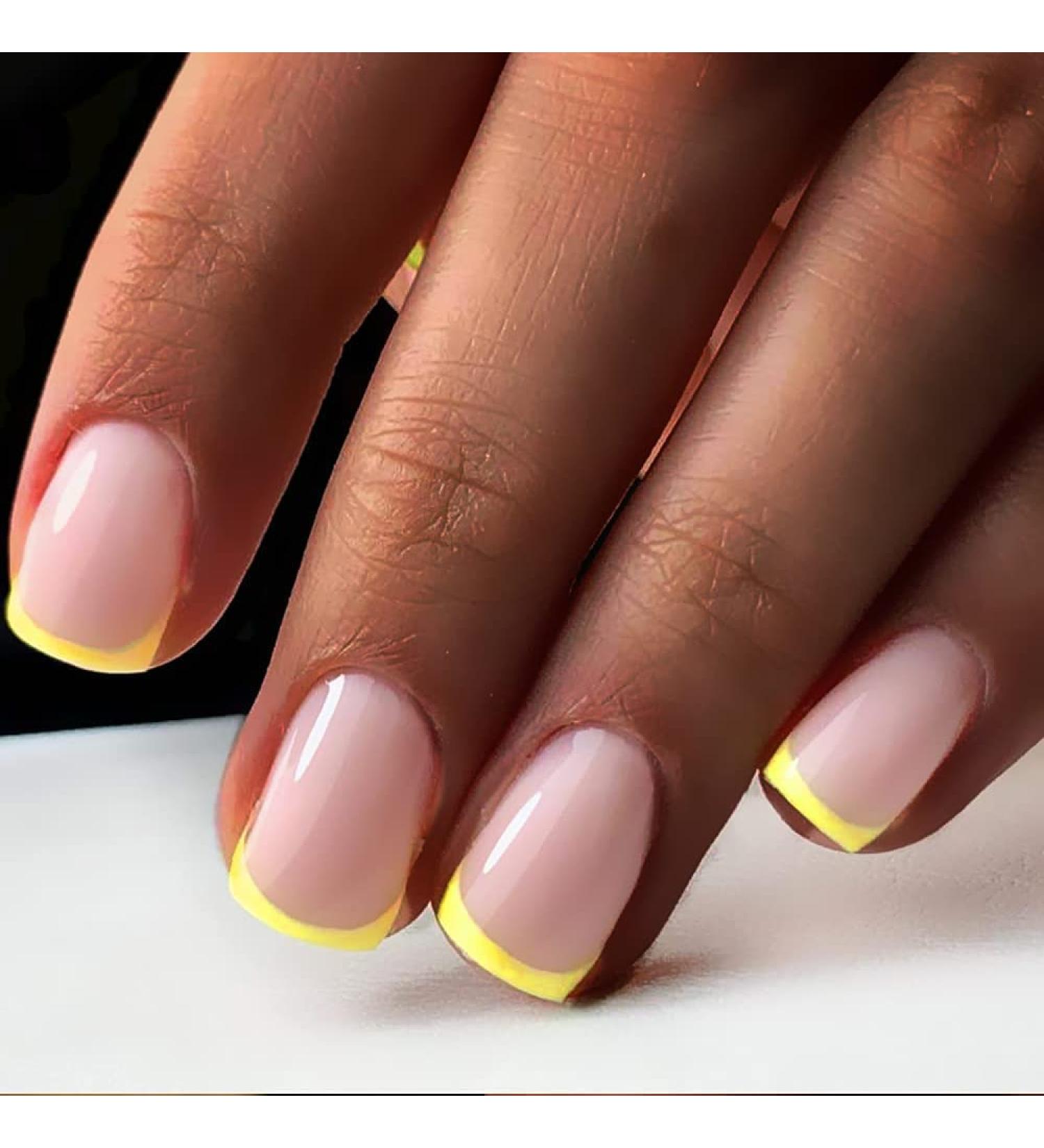 UKD Press On Nails Short with Designs Nude Square Stick On Nails for Women French Yellow Acrylic Nails Press On Full Cover Coffin Nails Glue On Nails 24Pcs Fake Nails for Nail Art Manicure Decoration - Buy Online on GoSupps.com