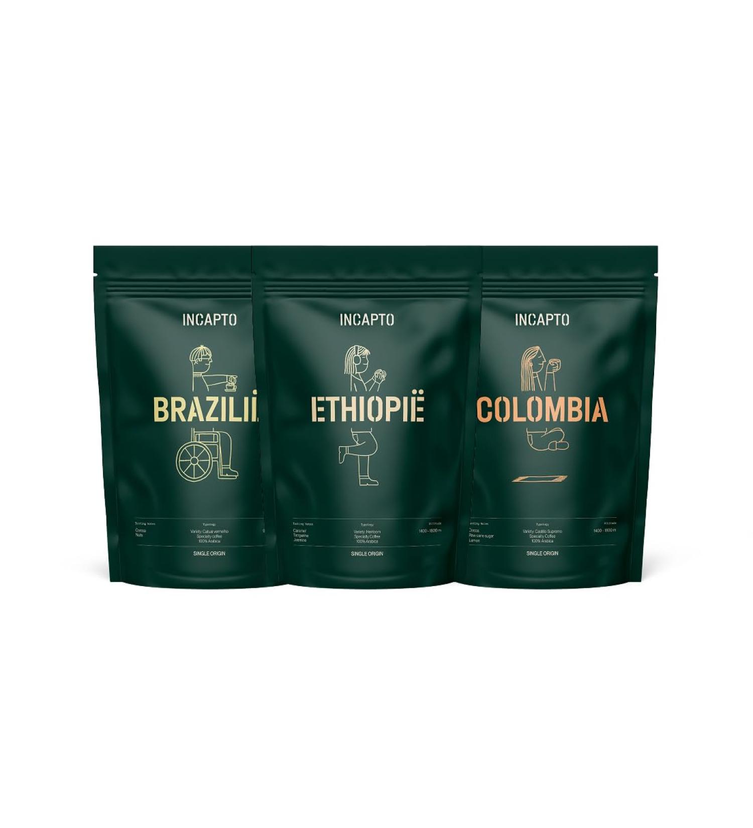 Incapto Best Sellers Package Specialty Coffee Beans Origin Colombia Brazil and Ethiopia Specialty Coffee +80 points SCA 3 Packages of 500g - Buy Online on GoSupps.com