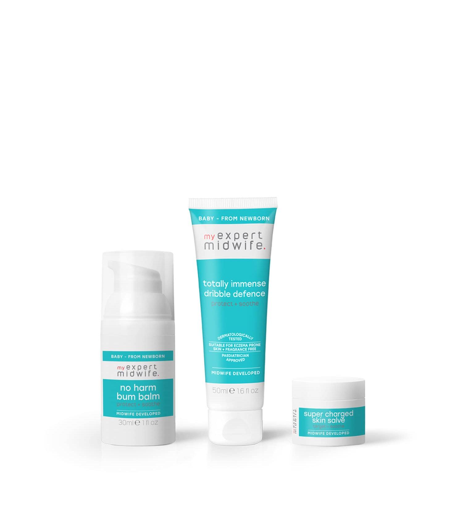 My Expert Midwife Newborn Baby Mega Mild Skin Saviours Kit | Clean Natural Ingredients | Suitable for Sensitive Skin + Fragrance Free | Set of 3 with Baby Nappy Cream Skin Salve Dribble Defence Newborn Saviours Kit - Buy Online on GoSupps.com
