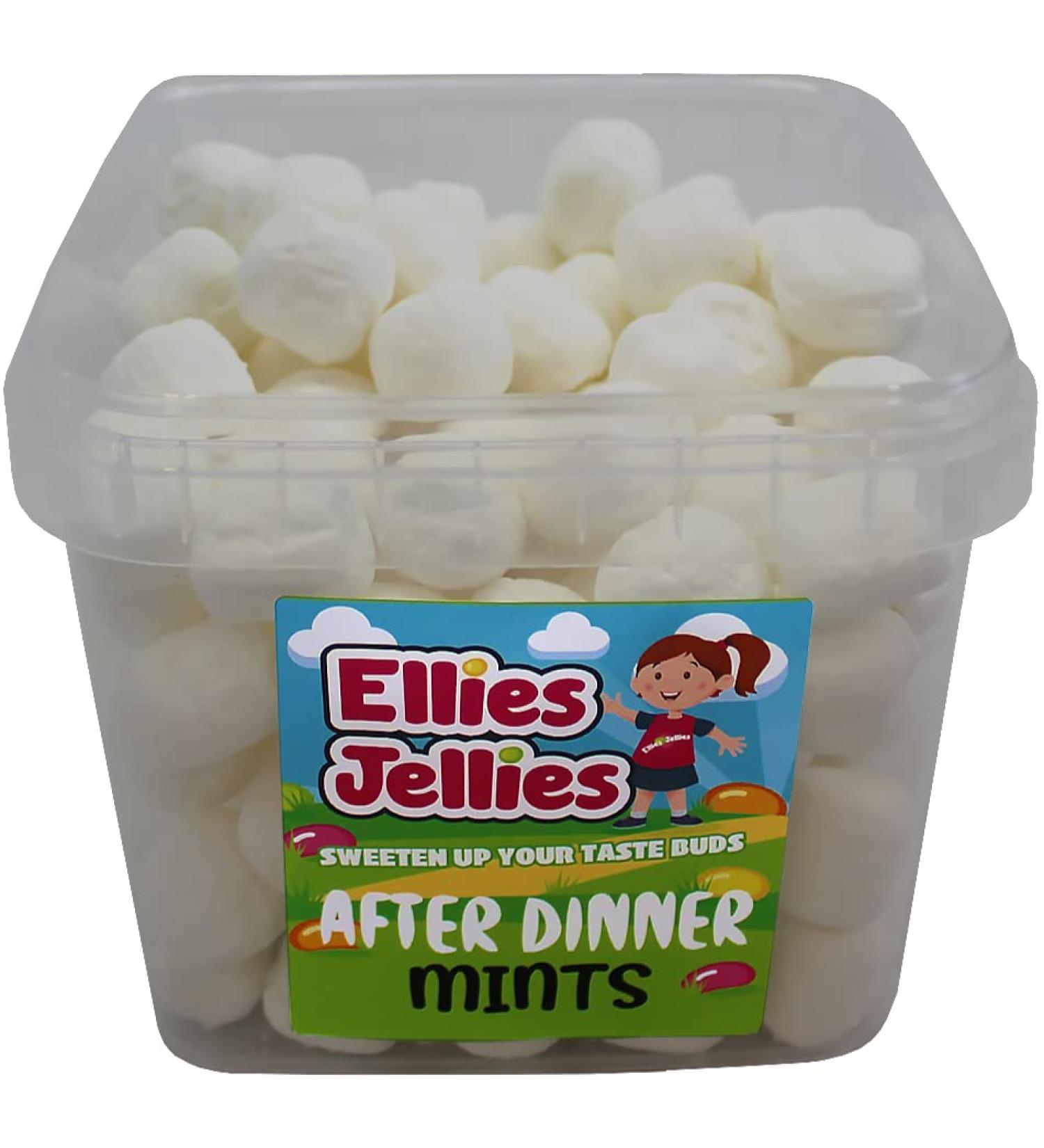 Ellies Jellies After Dinner Mints 580g Square Tub White Crumbly Texture Mints Refreshing