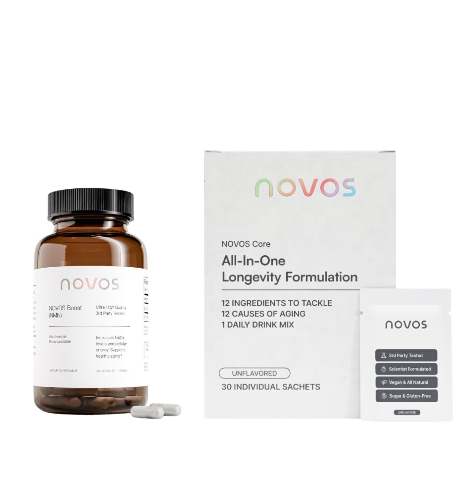 Novos Core Unflavored + Boost NMN Pure Longevity Stack | NMN Capsules & Unflavored Drink Mix for Cellular Repair Energy & DNA Support - Buy Online on GoSupps.com