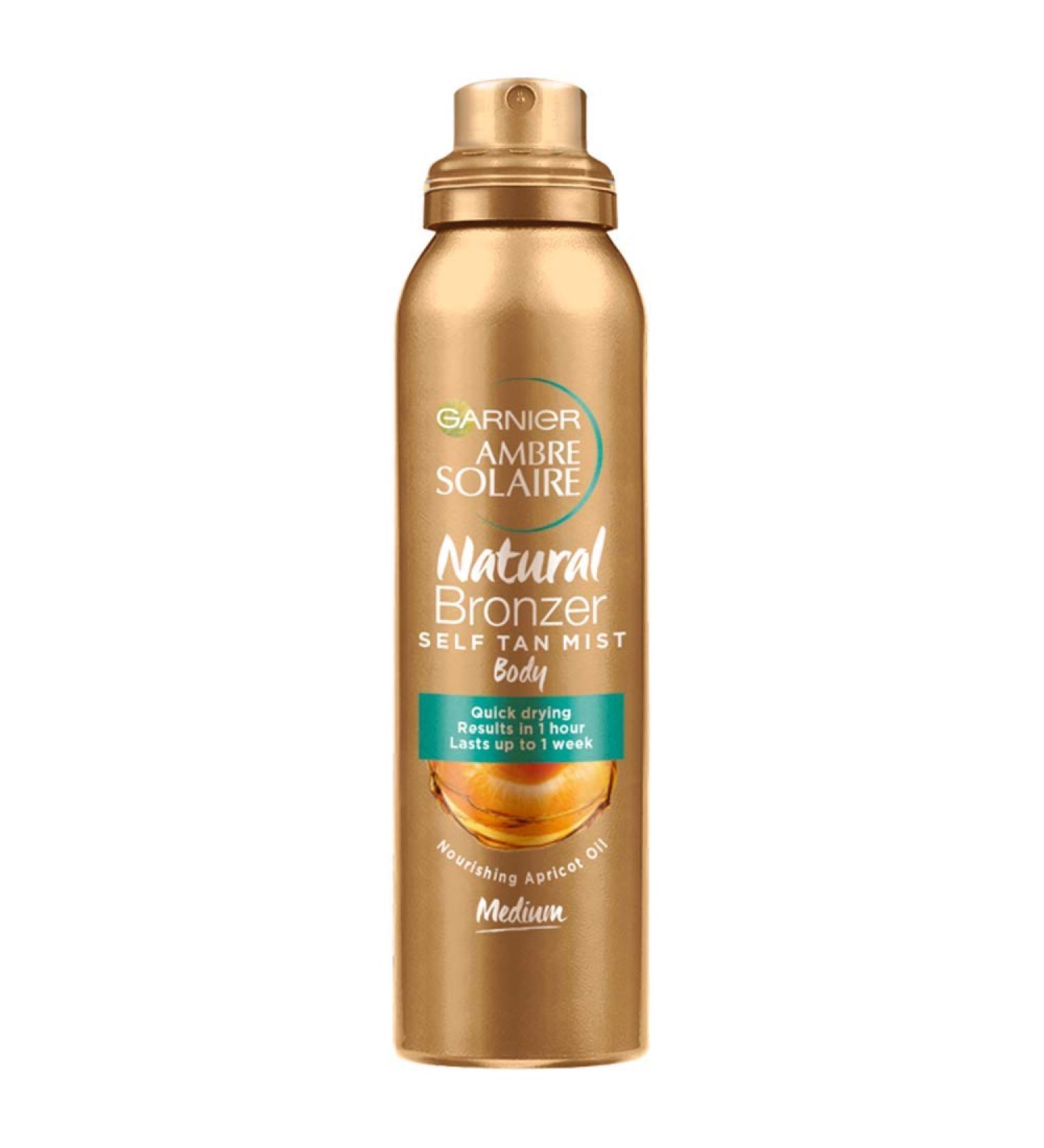 Garnier Ambre Solaire Natural Bronzer Quick Drying Body Self Tan Mist Medium Intense & Streak Free Fake Tan Lasts Up to 1 week Approved by Curelty Free International Vegan Formula 150ml