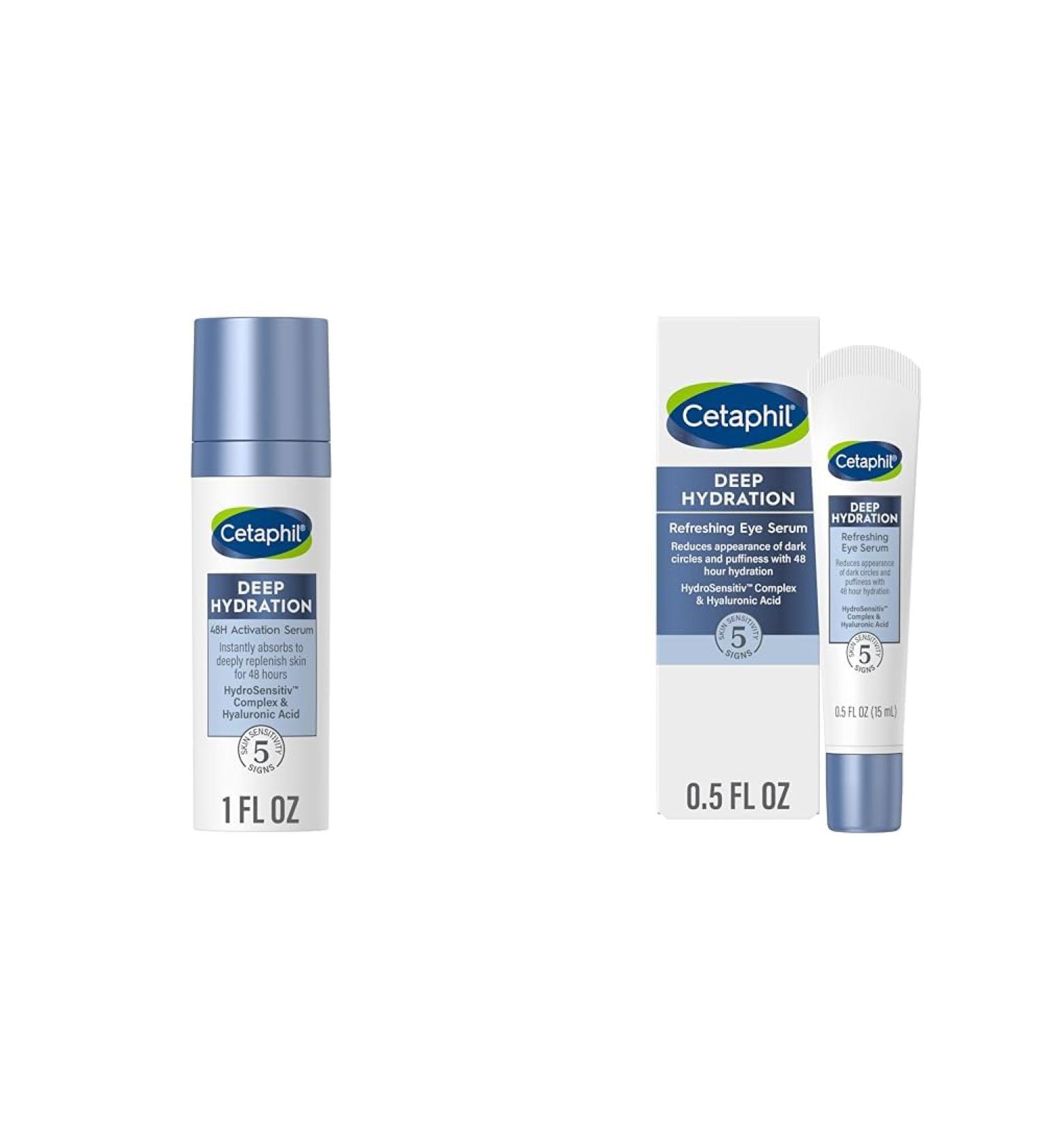 Cetaphil Deep Hydration Fragrance Free 48 Hour Activation Serum 1 fl oz & Deep Hydration Refreshing Eye Serum 0.5 fl oz 48Hr Hydrating Under Eye Cream