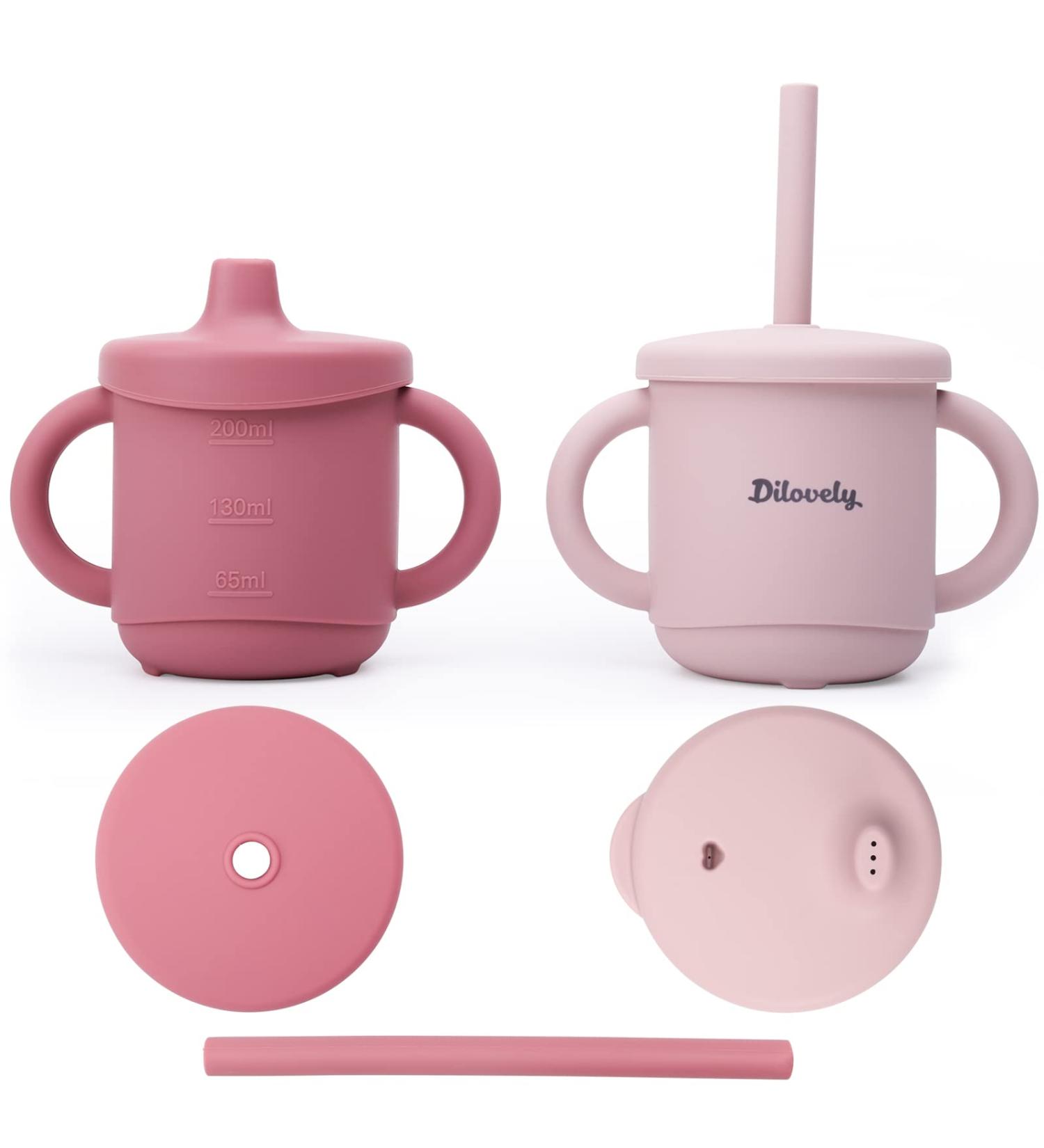Dilovely 3-in-1 Silicone Sippy Cup for Toddler | 2 Pack, BPA Free, 7oz | Transition Straw Cup for Baby 12 Months+ | Training Sippy Cup with Handles | Dishwasher & Microwave Safe | Pink Rose Lilac - Buy Online on GoSupps.com