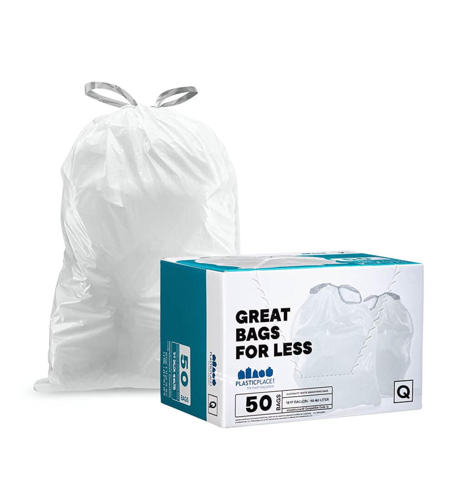 Plasticplace Custom Fit Trash Bags for simplehuman Code Q Bins - 50 Count, White Drawstring Garbage Liners - 13-17 Gallon - 25.25 x 32.75 - Buy Online on GoSupps.com