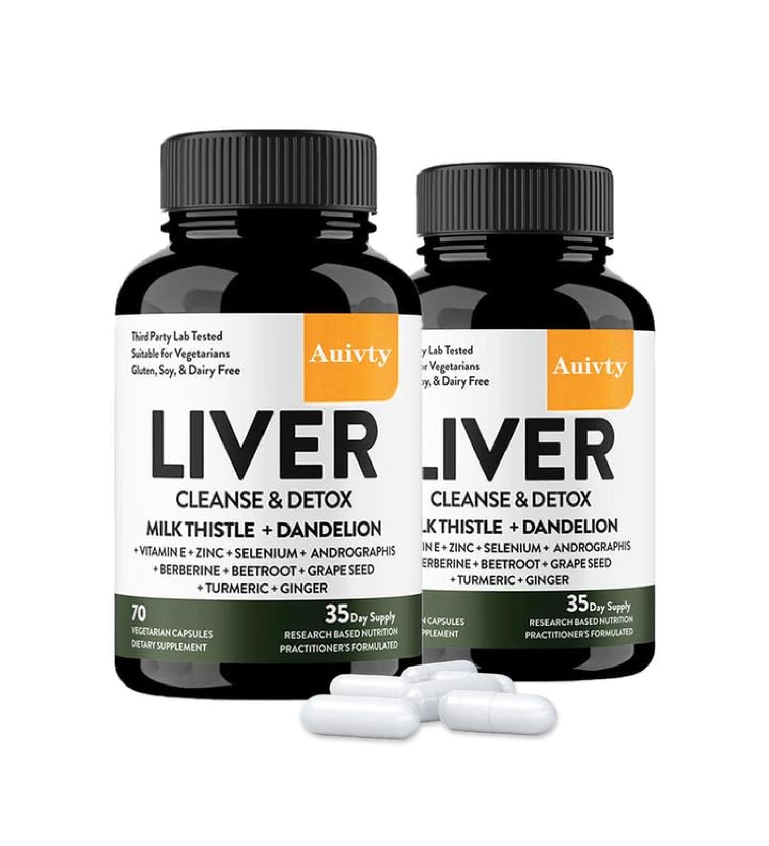 Auivty Liver Support Complex with Milk Thistle & Dandelion Turmeric Ginger Vitamin C Zinc & Selenium Herbal Formula for Daily Liver & Digestive Support 70 Veggie Capsules 2 Bottle Pack - Buy Online on GoSupps.com