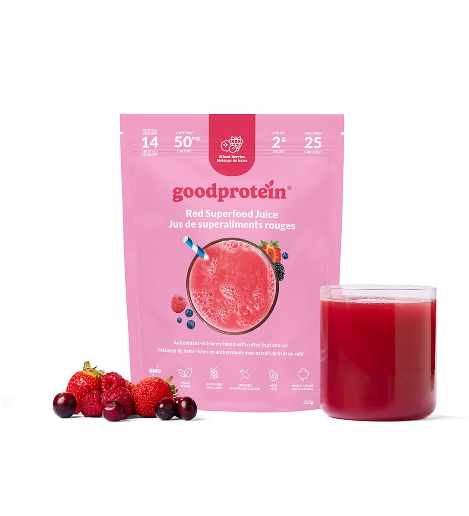 GoodProtein Red Superfood Juice Powder - Energizing Blend with 40mg Natural Caffeine | Antioxidant-Rich Polyphenol Boost Low Sugar Non-GMO | Supports Holistic Health & Energy | 225g 30 Servings - Mixed Berries - Buy Online on GoSupps.com