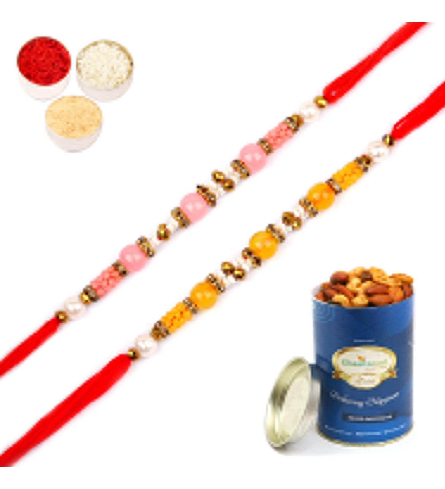 Ghasitaram Gifts Rakhi for Brother Rakhis Online - Set of 2-6511A Rakhis with 100 GMS of Dryfruits Mix Can Rakhi Set with 100 gms of Dryfruits Mix Can - Buy Online on GoSupps.com