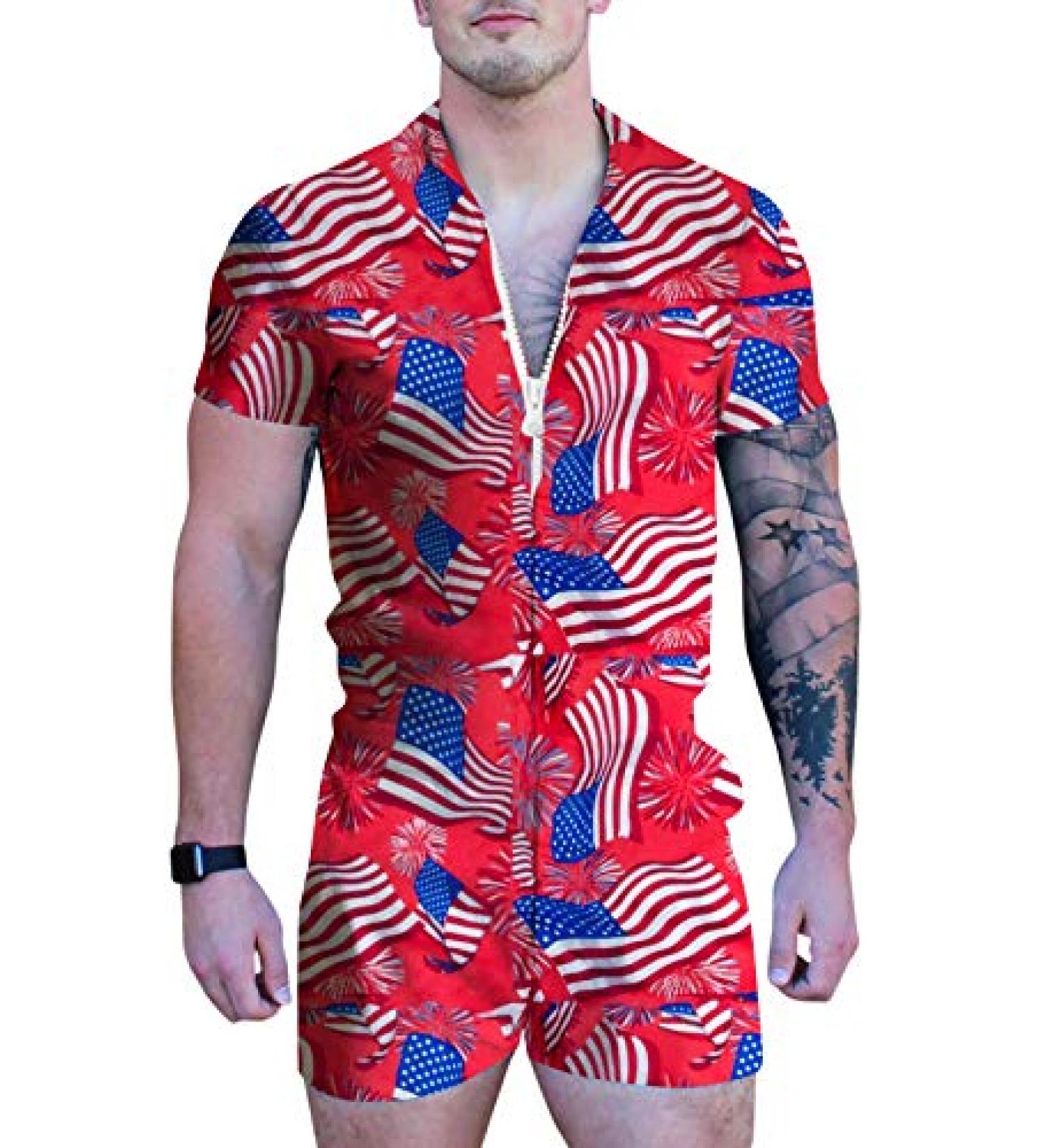 UNIFACO Men's Flag Print Short Sleeve Romper with Zipper, Summer Overall, S-XXL - Buy Online on GoSupps.com