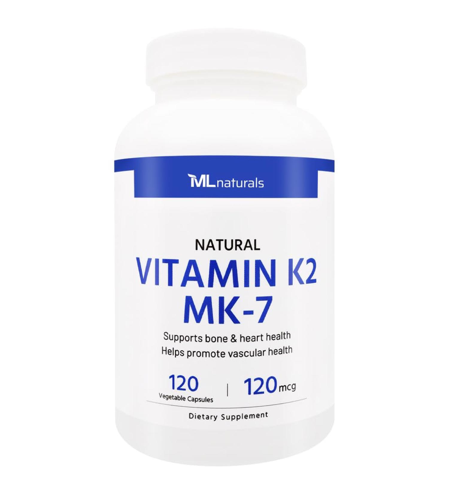 ML Naturals Natural Vitamin K2 MK-7 120 mcg 120 Vegetable Capsules. Natural MK-7/99% All-Trans MK-7. Supports Bone & Heart Health Promote Vascular Health Third-Party Lab Tested 120 Count (Pack of 1) - Buy Online on GoSupps.com