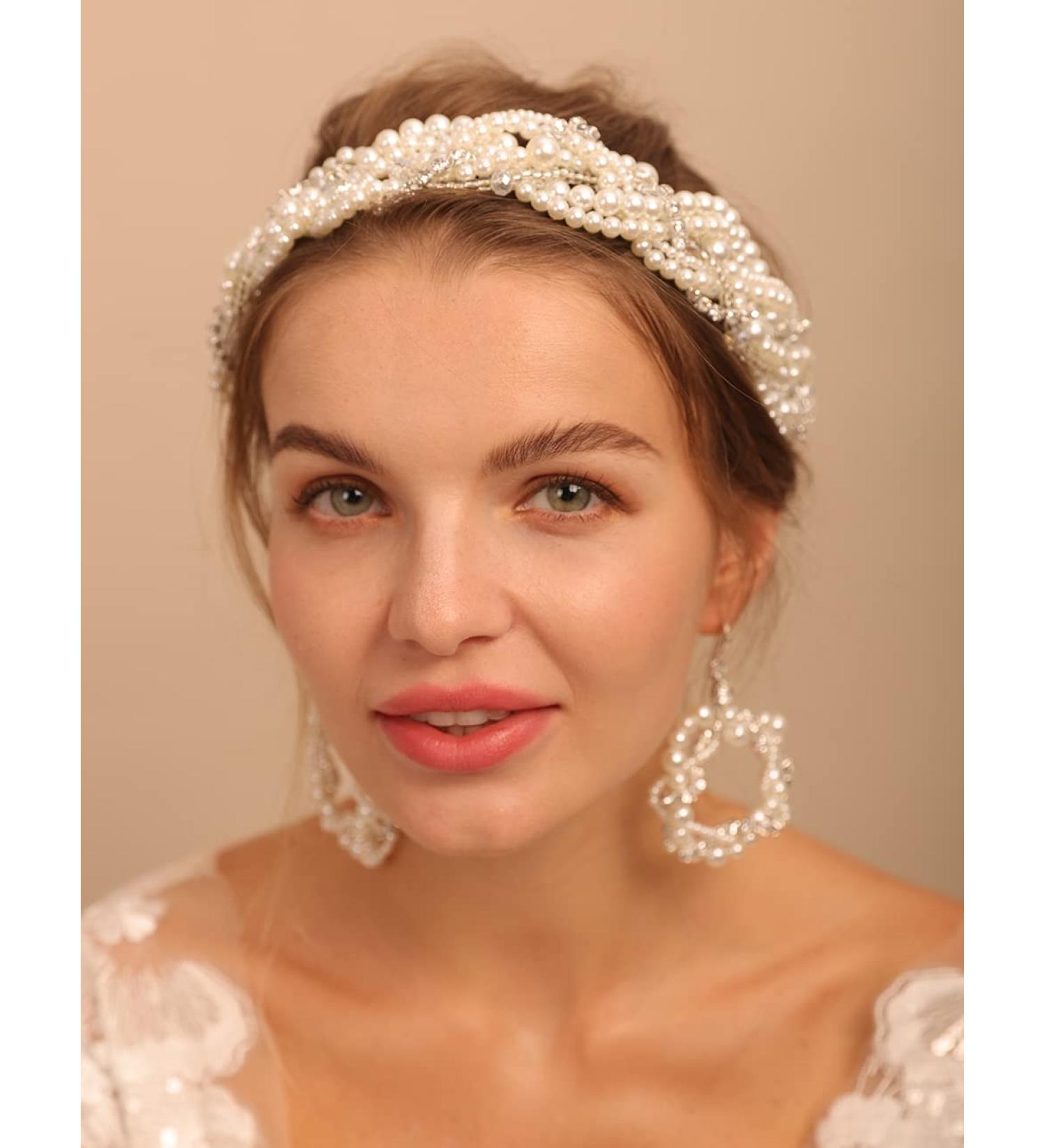 Deniferymakeup Bride Wedding Hair Vine and Earrings Set Pearl Hair Accessories Silver Rhinestone Bride Headband for Women and Girls White - Buy Online on GoSupps.com