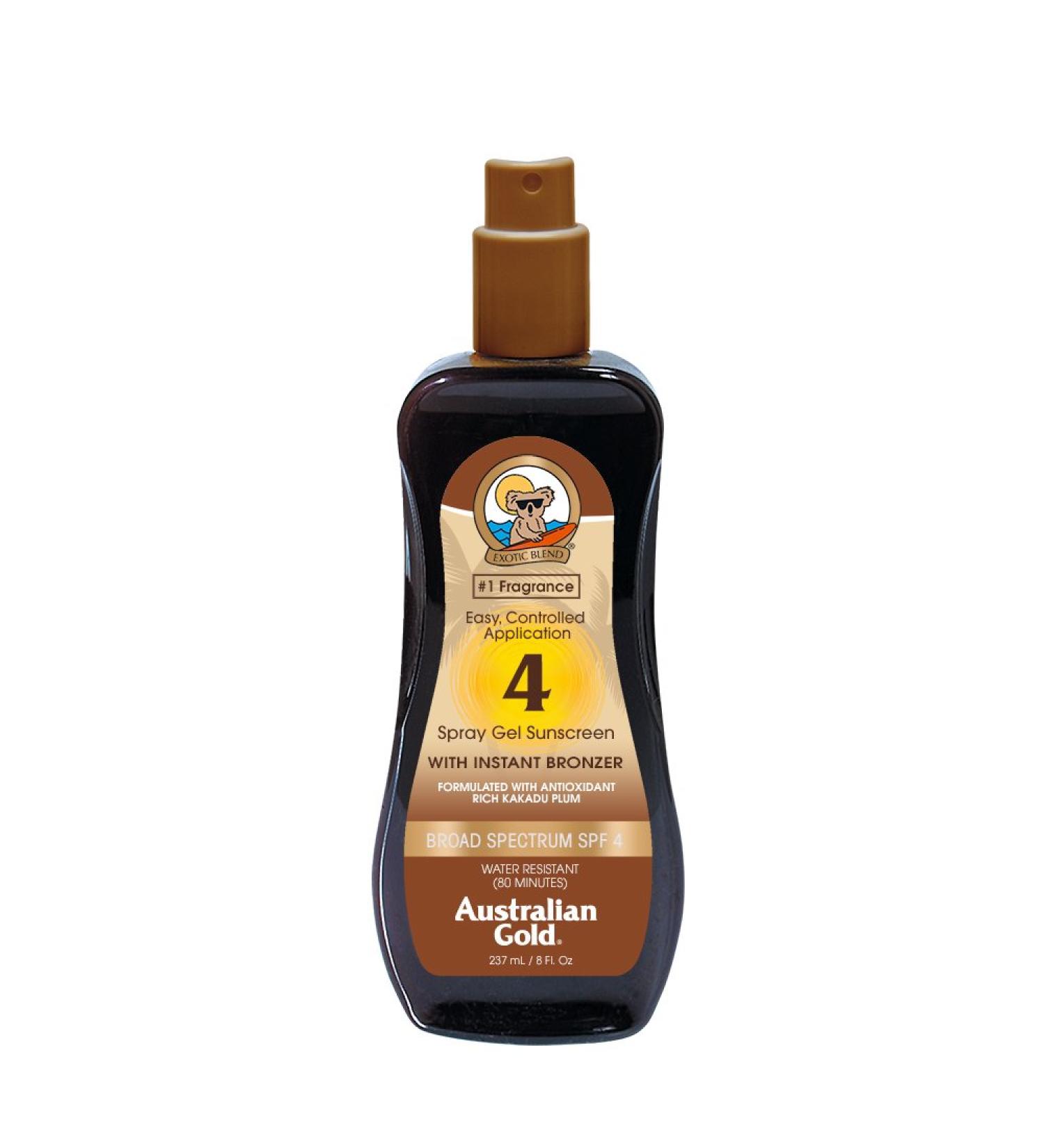 Australian Gold Spray Gel Sunscreen with Instant Bronzer SPF 4 - 8 Ounce | Hydrating Broad Spectrum Protection | Water Resistant & Moisturizing - Buy Online on GoSupps.com
