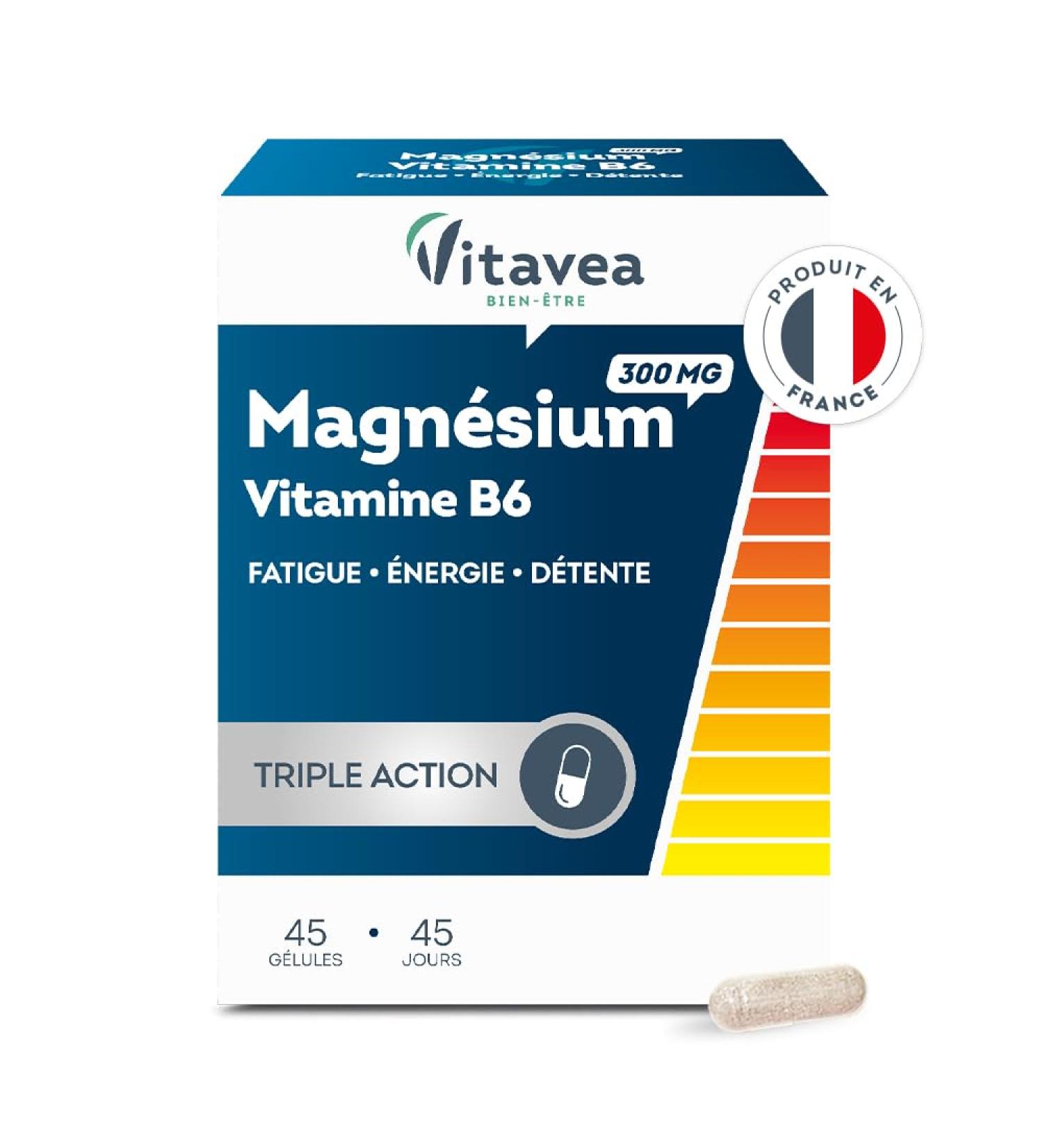 VITAVEA WELL-BEING - Magnesium 300 mg Vitamin B6 - Food Supplement Fatigue Relaxation Energy Relaxation Nervous Balance - Magnesium B6-45 capsules - 45 days cure - Made in France - Buy Online on GoSupps.com