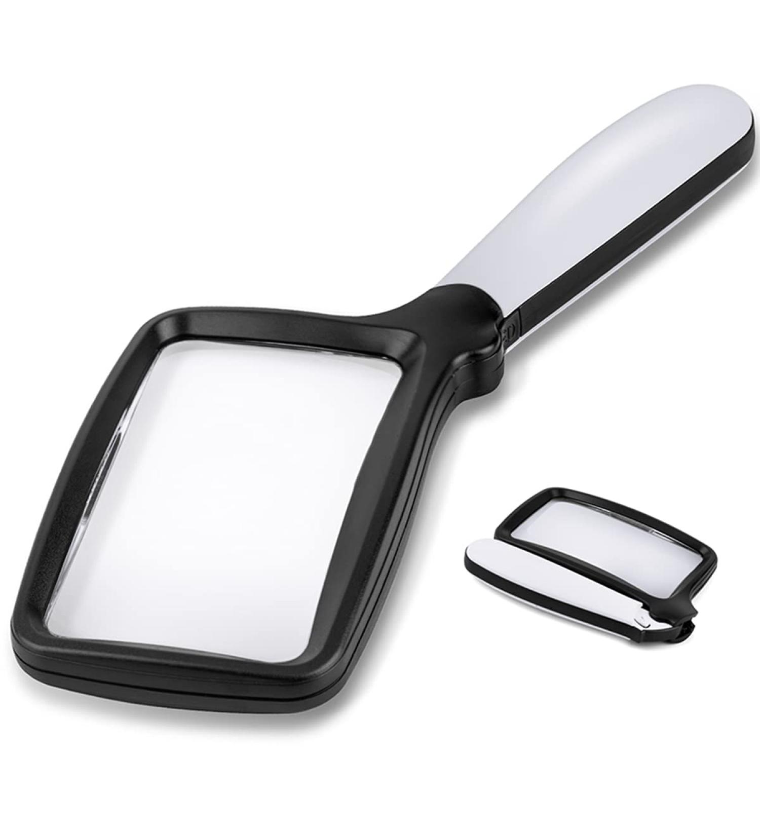 Folding Handheld Magnifying Glass with Dimmable LED Light - 3X Large Rectangle Reading Magnifier for Seniors with Macular Degeneration - Ideal for Newspaper, Books, Small Print - Lighted Gift for Low Vision - Black and White - Buy Online on GoSupps.com