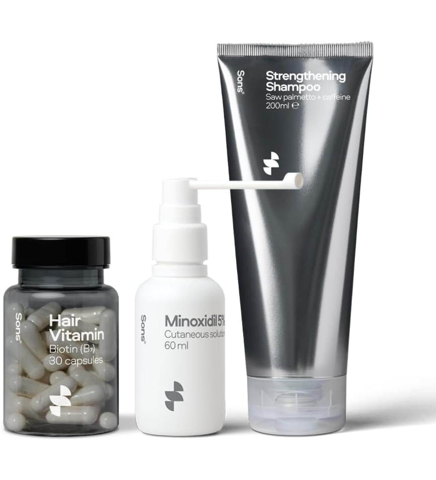 Sons Complete Hair Loss Treatment - Minoxidil 5%, Biotin & DHT Blocking Shampoo - Men's Hair Growth Solution - Promotes Regrowth - 1 Month Supply - Buy Online on GoSupps.com