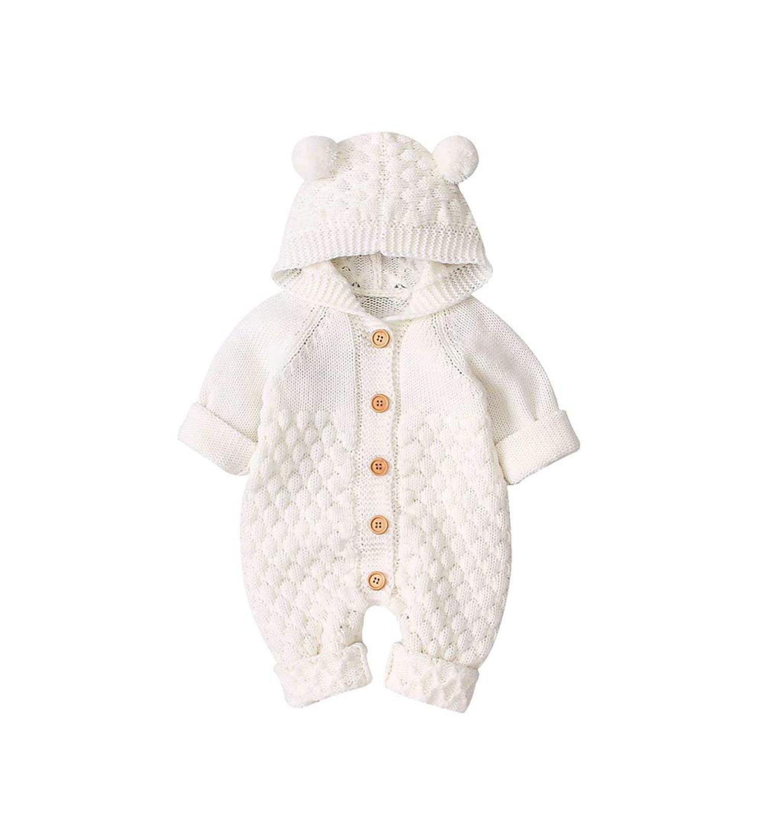 VICROAD Baby Hooded Knitted Rompers | Unisex 12-18 Months | Warm Sweater Jumpsuit Outfit in Beige - Buy Online on GoSupps.com