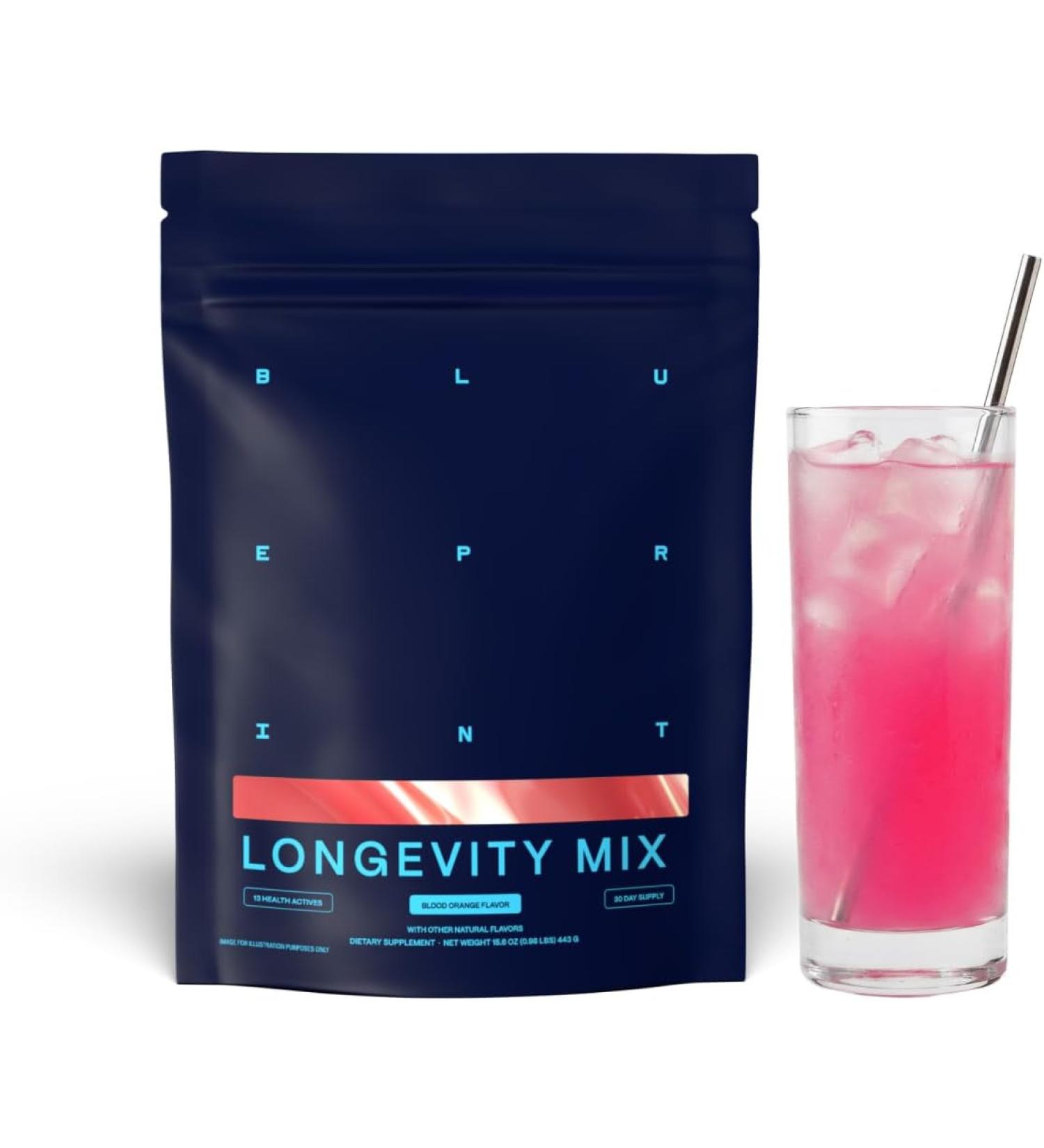Blueprint Bryan Johnson Longevity Mix - Muscle Builder & Recovery Supplement - Promotes Focus and Balanced Mood - Magnesium, Creatine, L-Theanine, Glutathione & Vitamin C- 30 Servings, Blood Orange - Buy Online on GoSupps.com