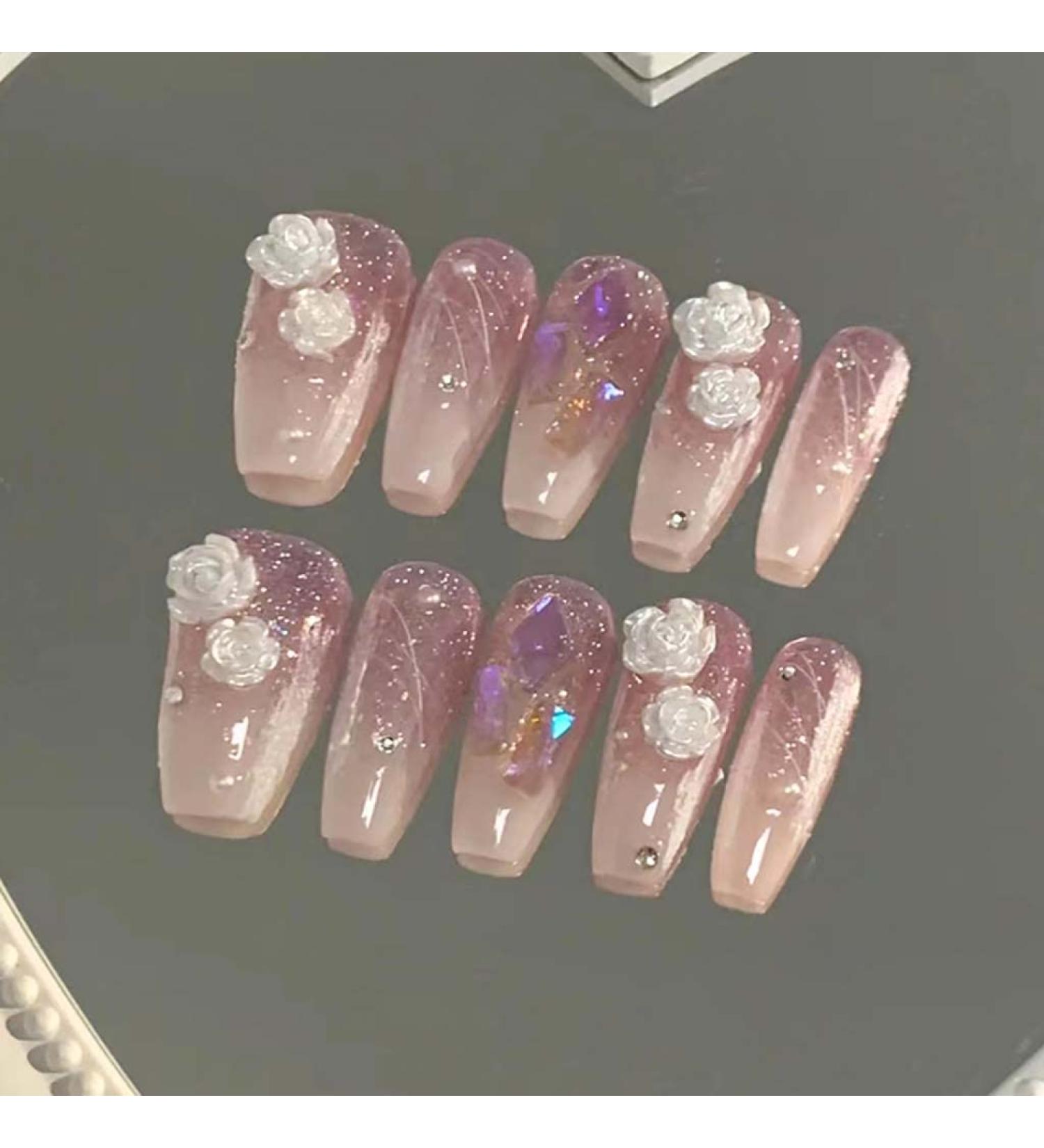 RikView Coffin Press on Nails: Long Pink Acrylic Nails with 3D Flowers - 24 PCS Glossy Fake Nails Set for Women - Buy Online on GoSupps.com